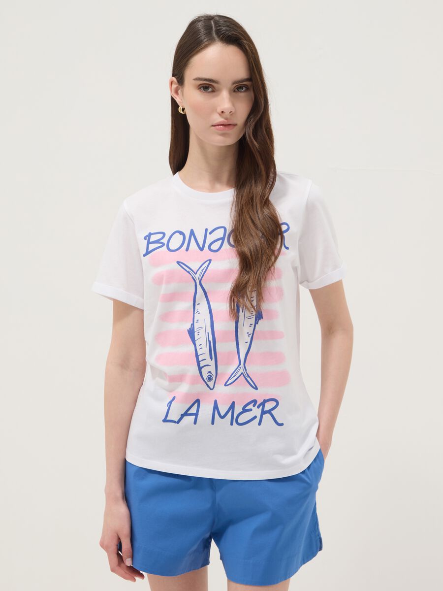 White pure cotton T-shirt with front print, regular fit_1