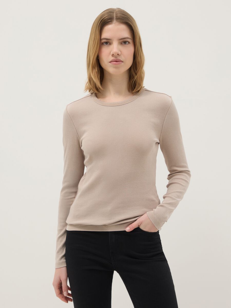 Beige regular fit stretchy cotton long sleeve top_0
