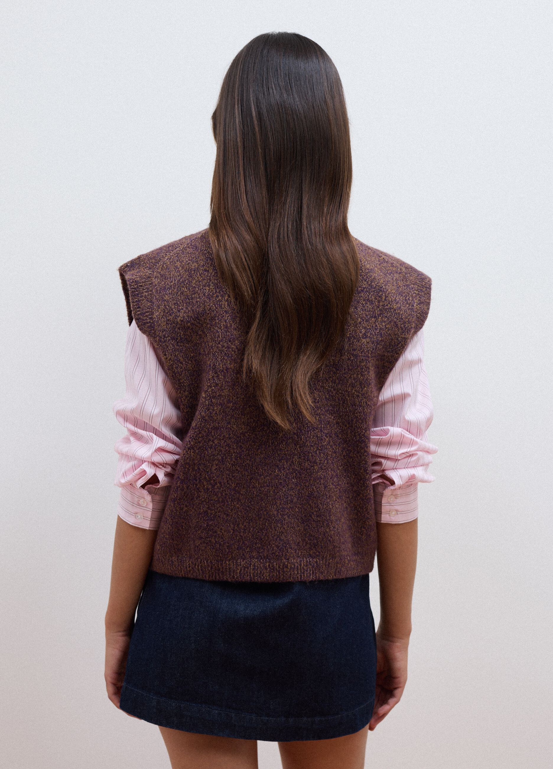 Brown crew-neck gilet in lyocell and wool blend