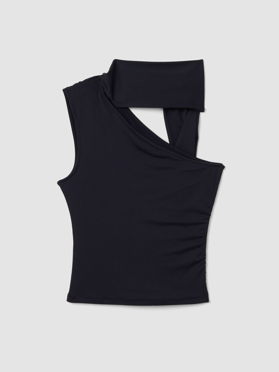 Top nero in tessuto elasticizzato con scollo asimmetrico e fascia drappeggiata_6