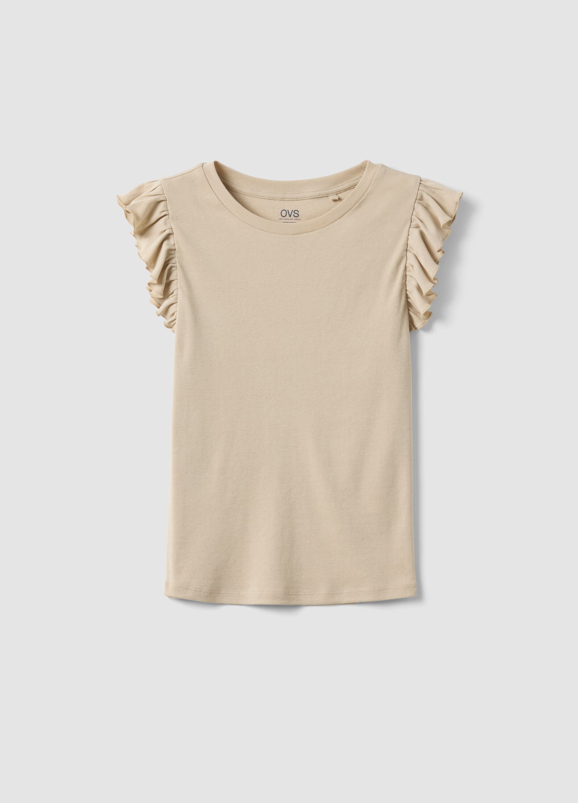 Beige slim fit pure cotton t-shirt with ruffles