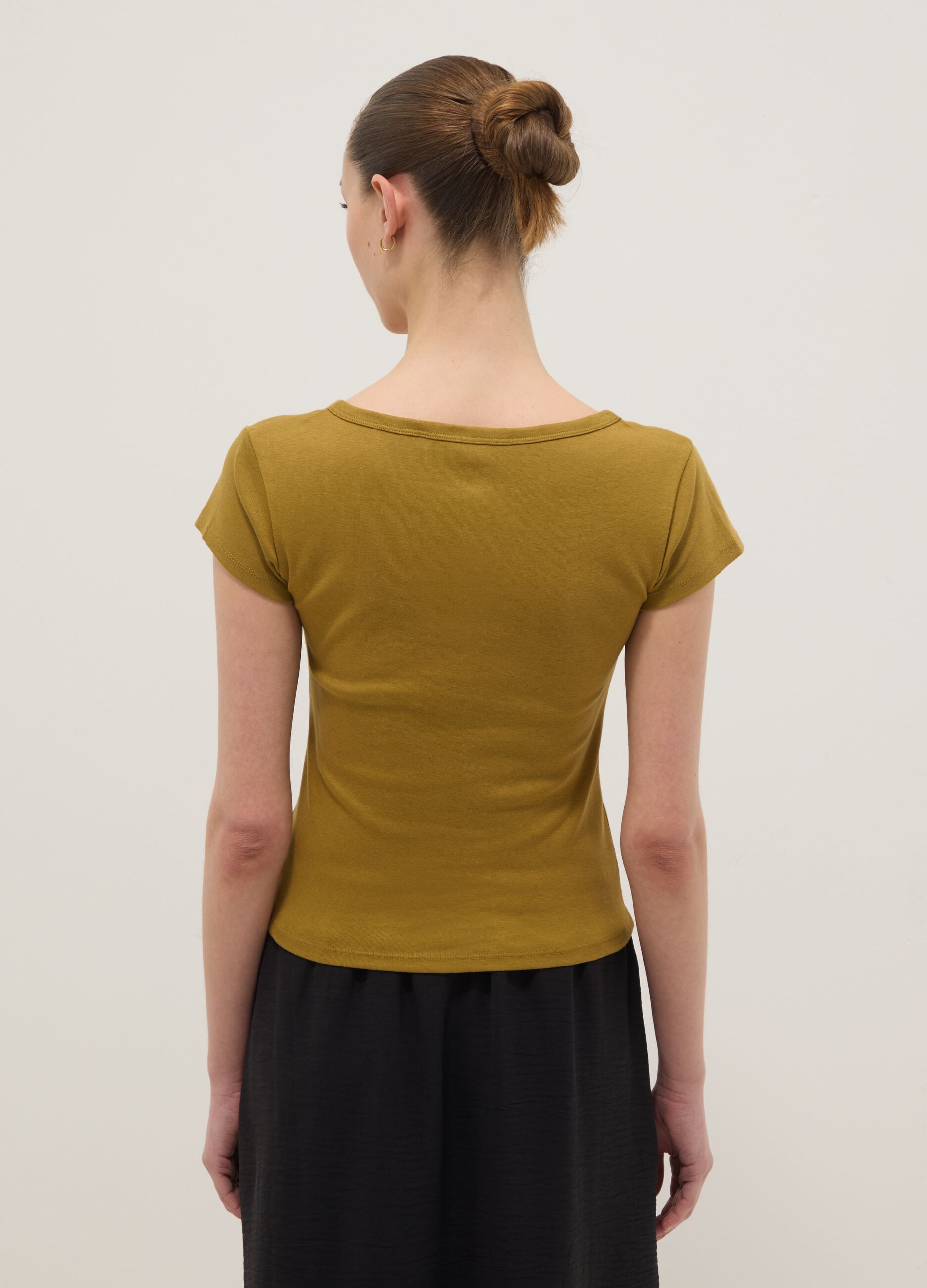 Yellow pure cotton regular fit T-shirt with deep henley neckline
