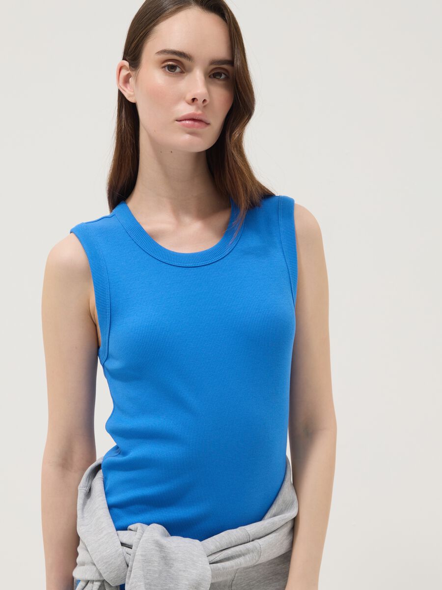 Blue ribbed stretch cotton midi dress_2