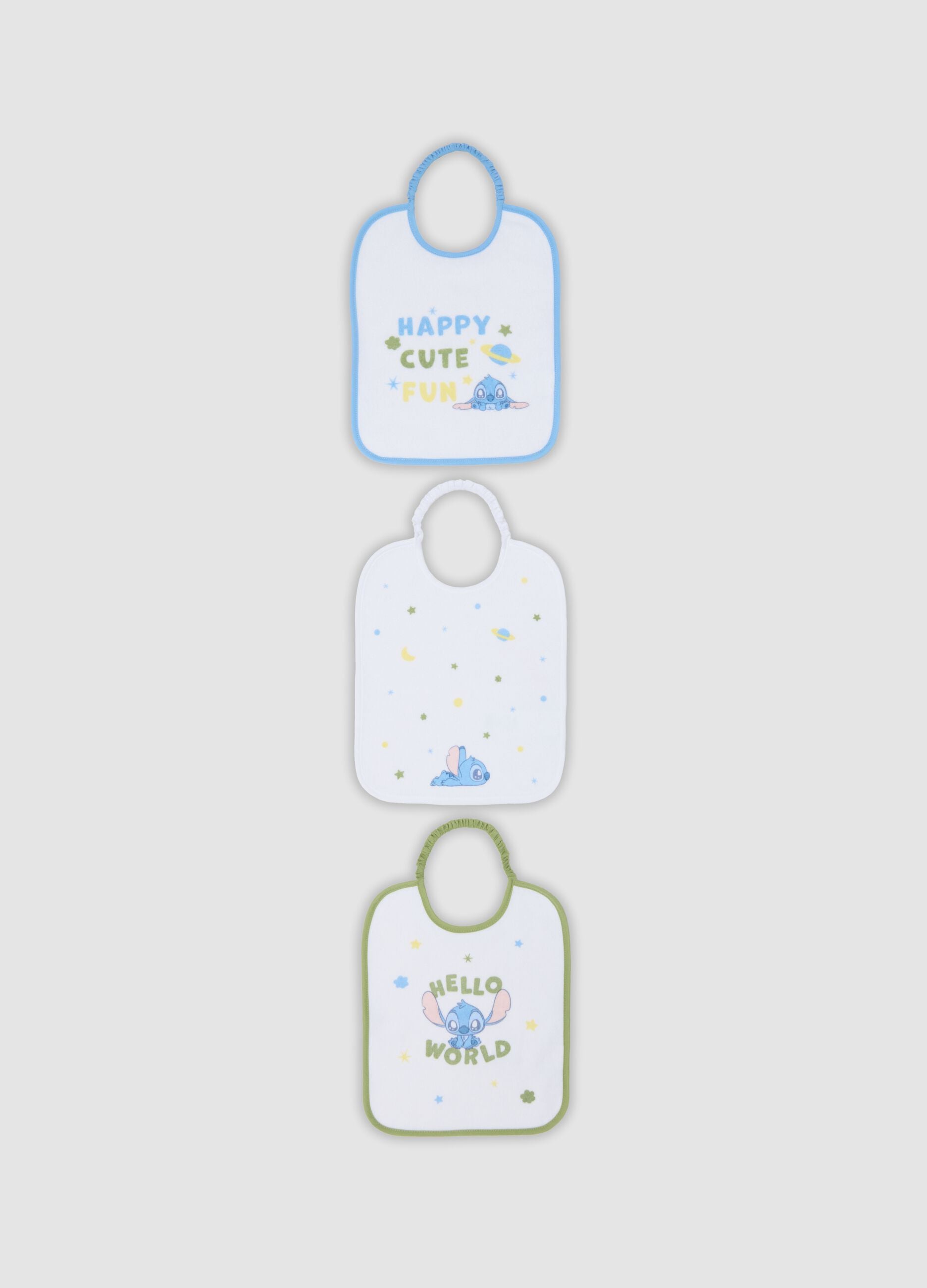 3-pack of white organic cotton-blend bibs with Lilo & Stitch prints