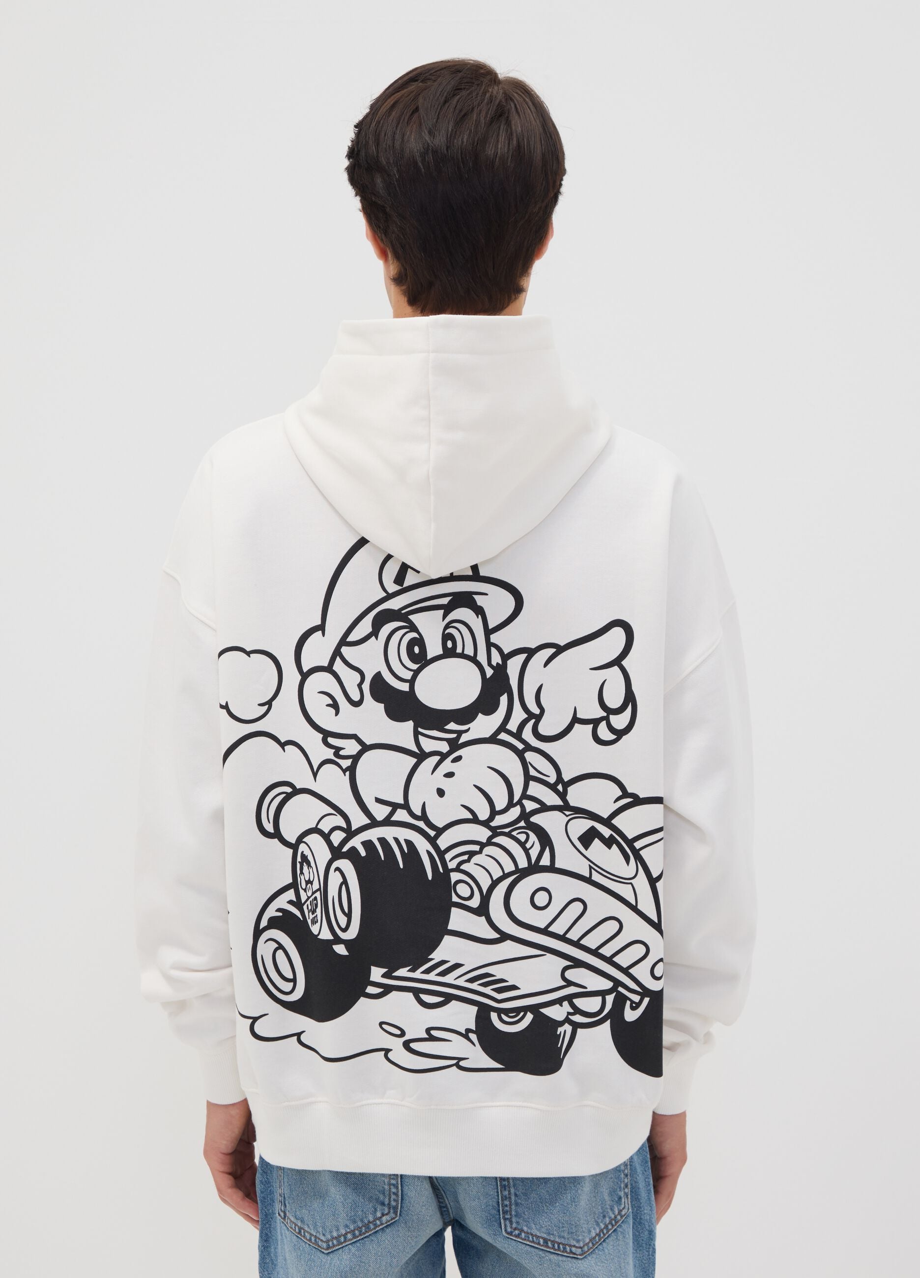 White pure cotton hoodie with Mario Kart print