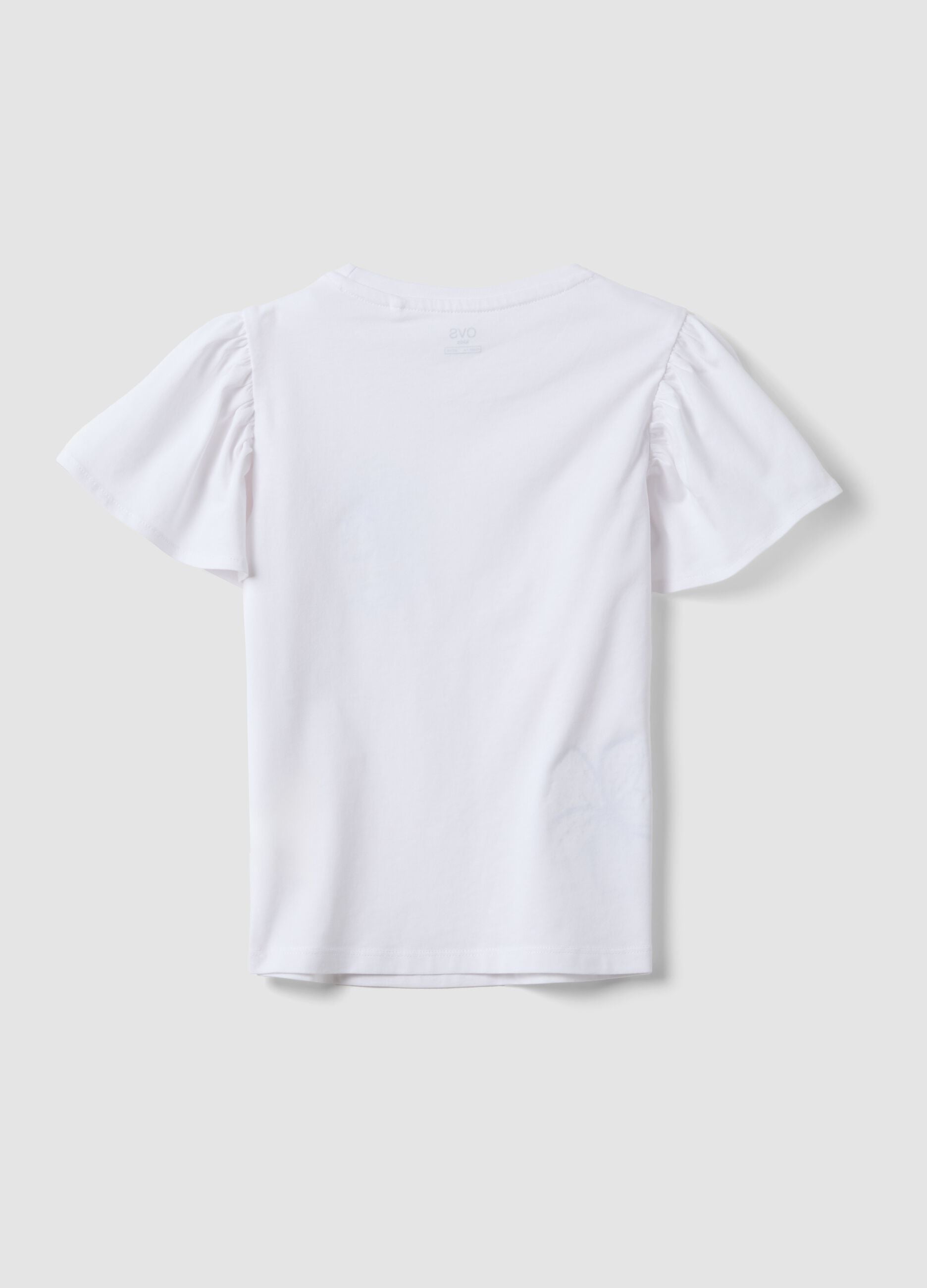 Girls&rsquo; white pure cotton T-shirt with ruffles and rhinestones