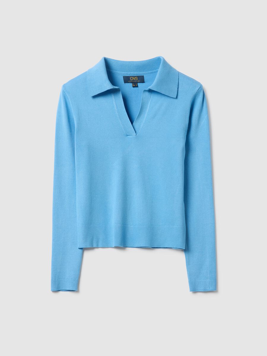 Regular fit blue viscose jumper with polo neck_4