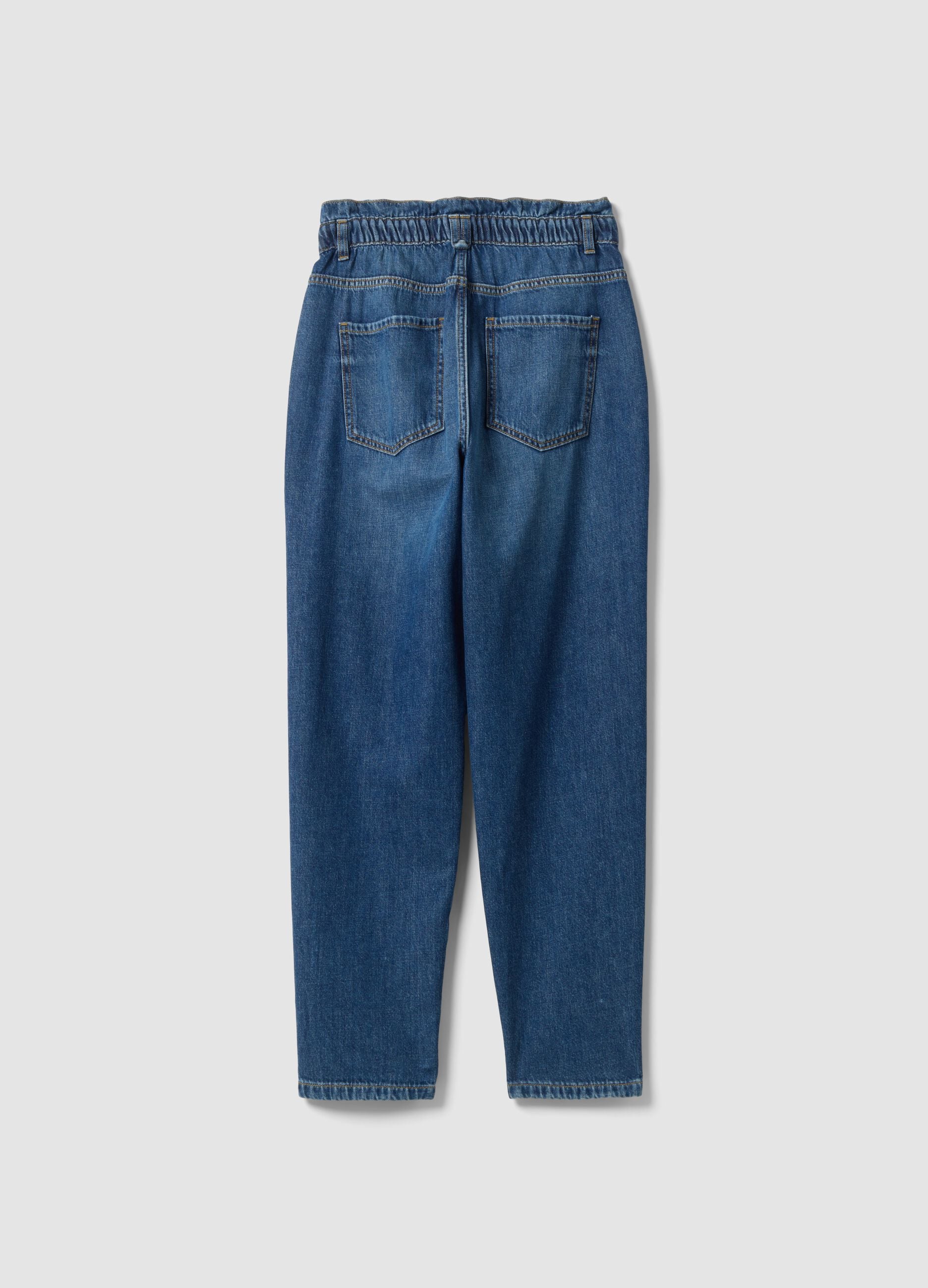 Blue pure cotton denim jeans with paperbag waist, baggy fit