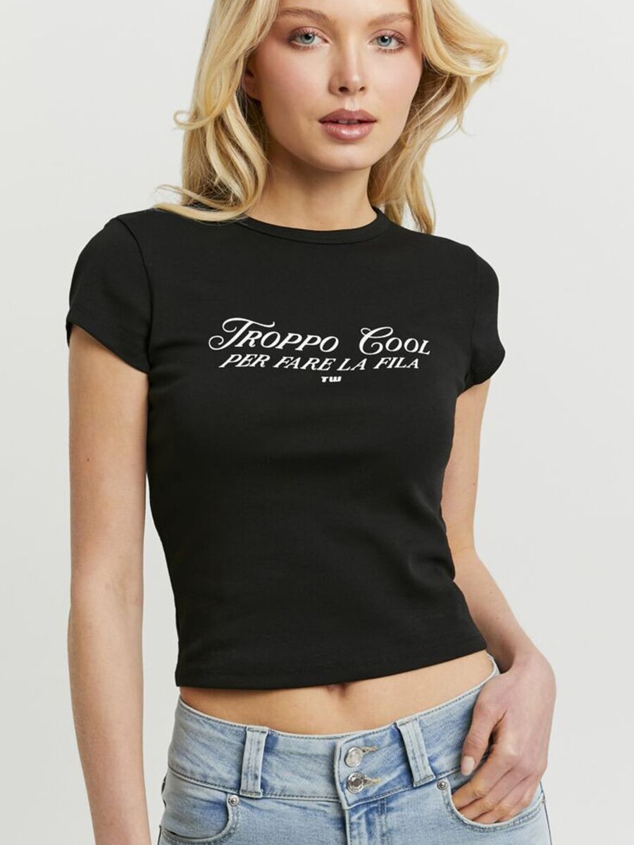 Black stretch cotton short-sleeve slogan T-shirt_1