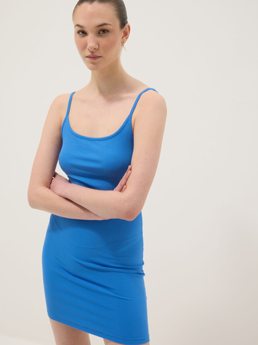 Blue fitted ribbed stretch modal dress with straps_2