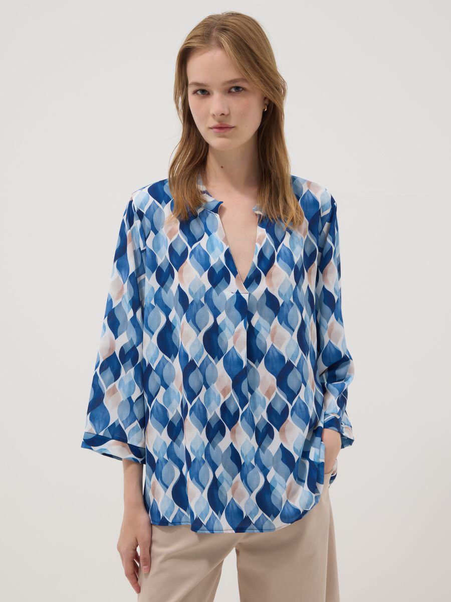 Blue patterned long-sleeve top_0