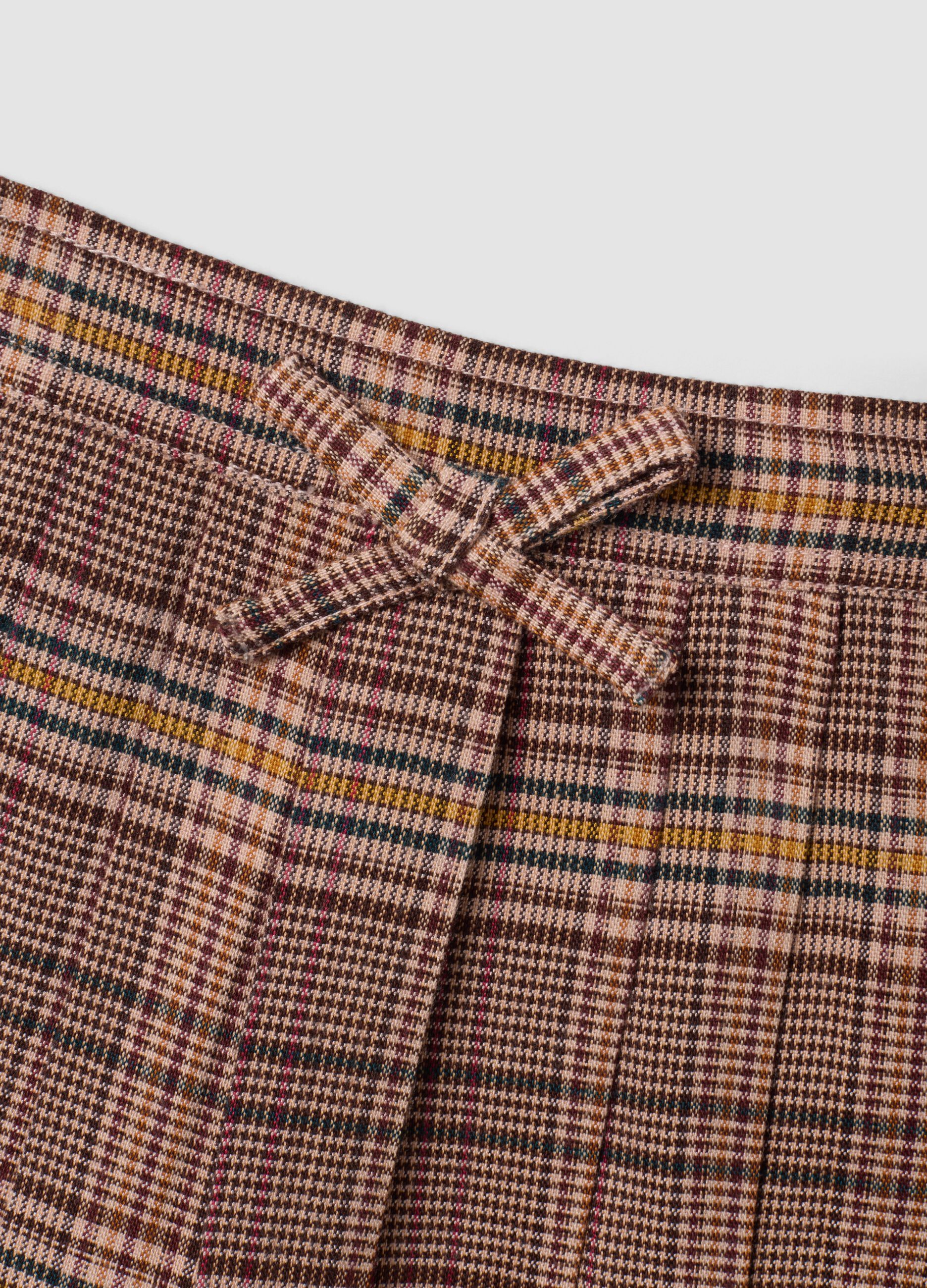 Brown pleated checked stretch viscose skirt for baby girls