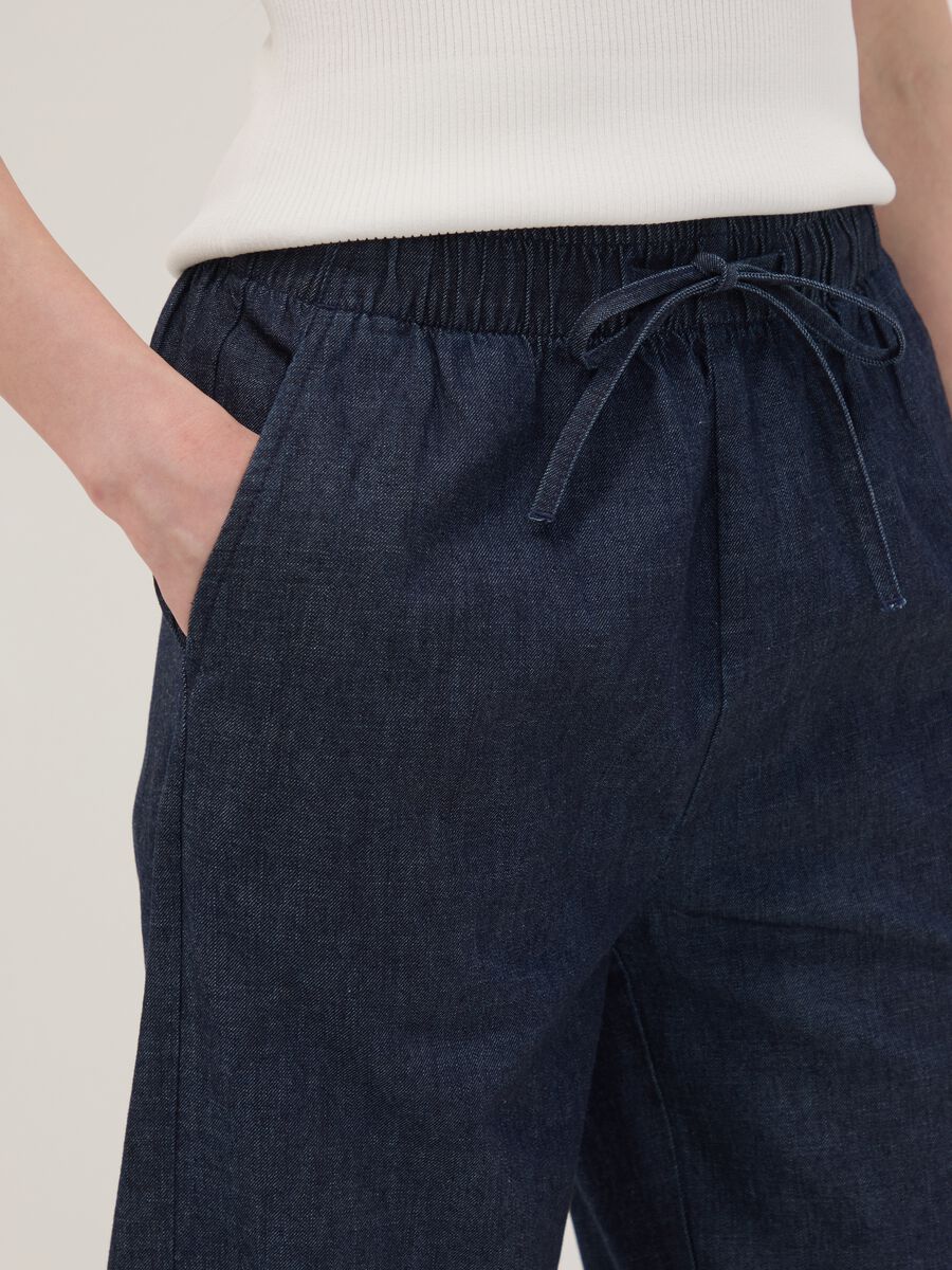 Blue pure cotton wide-leg denim trousers with drawstring_3