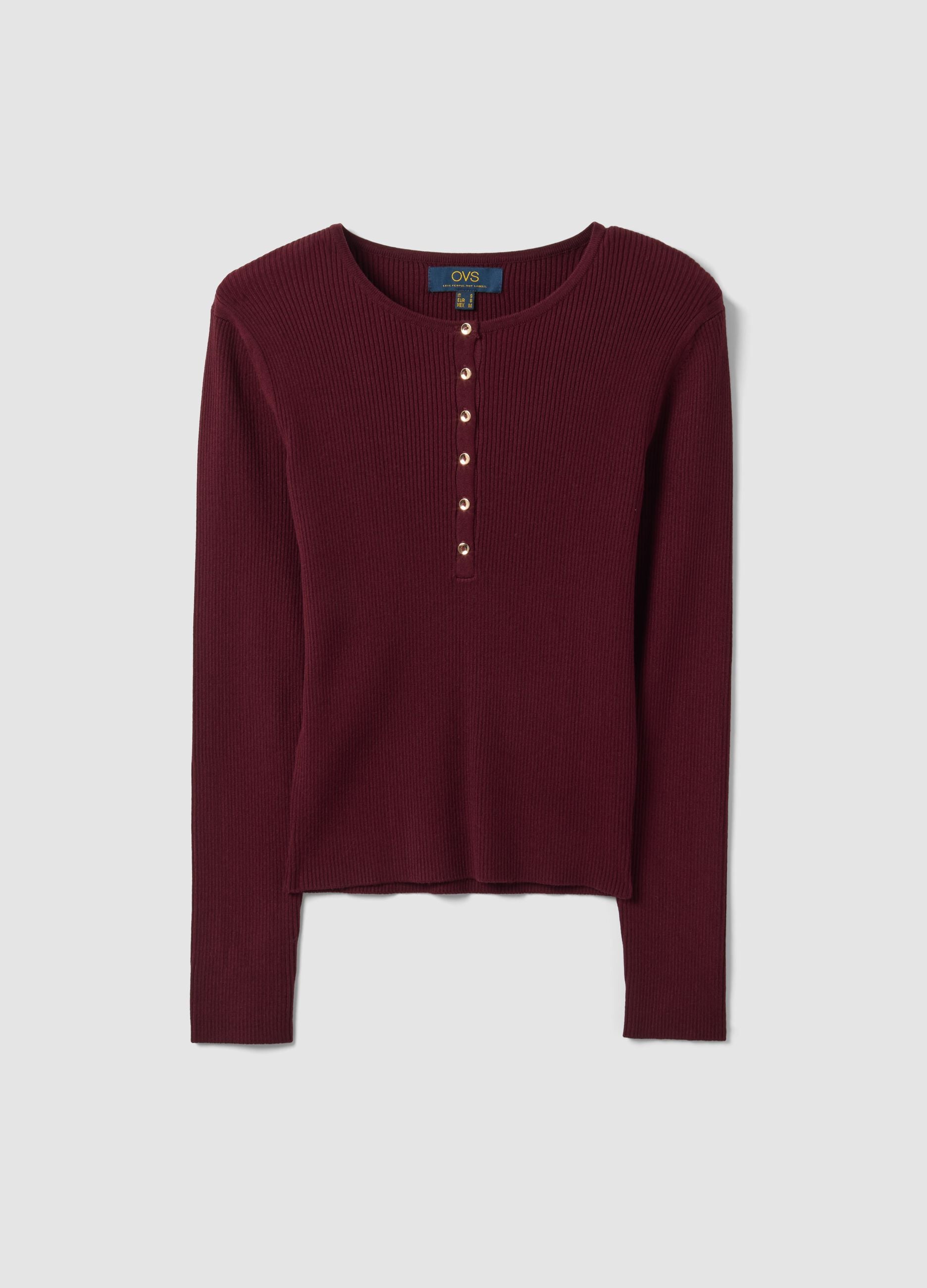 Red fitted ribbed viscose-blend top with buttons