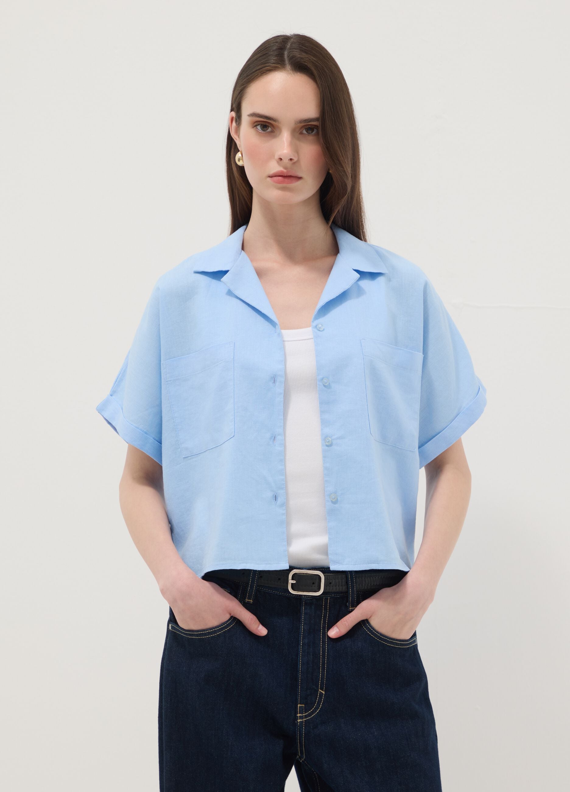 Light blue linen and viscose blend shirt, regular fit