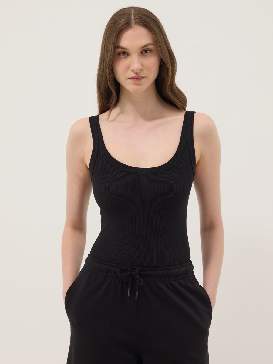 Black ribbed stretch-cotton bodysuit with wide neckline_1