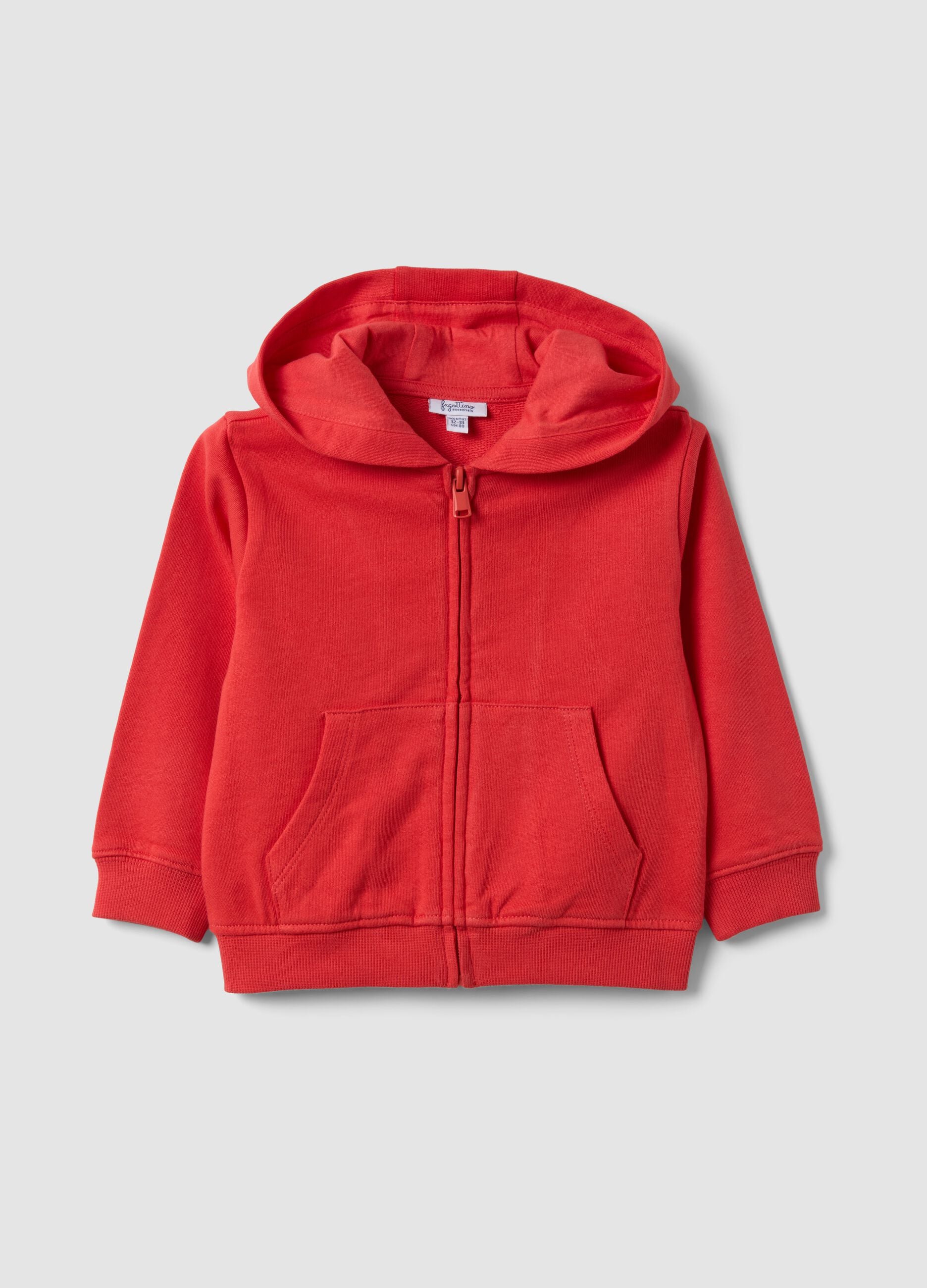 Red hooded sweatshirt in pure organic cotton, regular fit, for boys