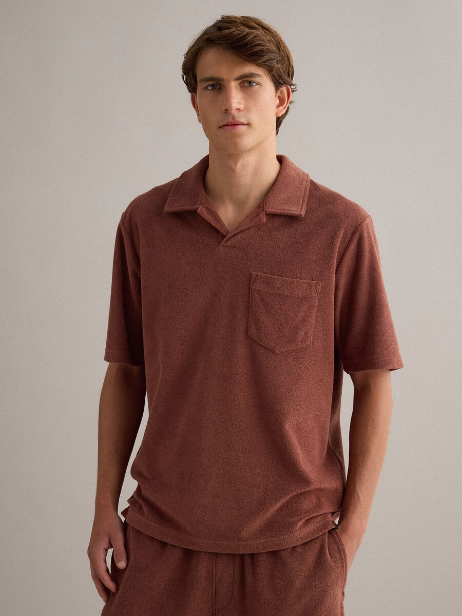Brown short-sleeve cotton-blend polo shirt_0
