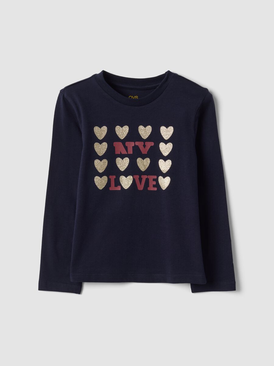 Blue pure organic cotton T-shirt with glitter heart print for girls_0