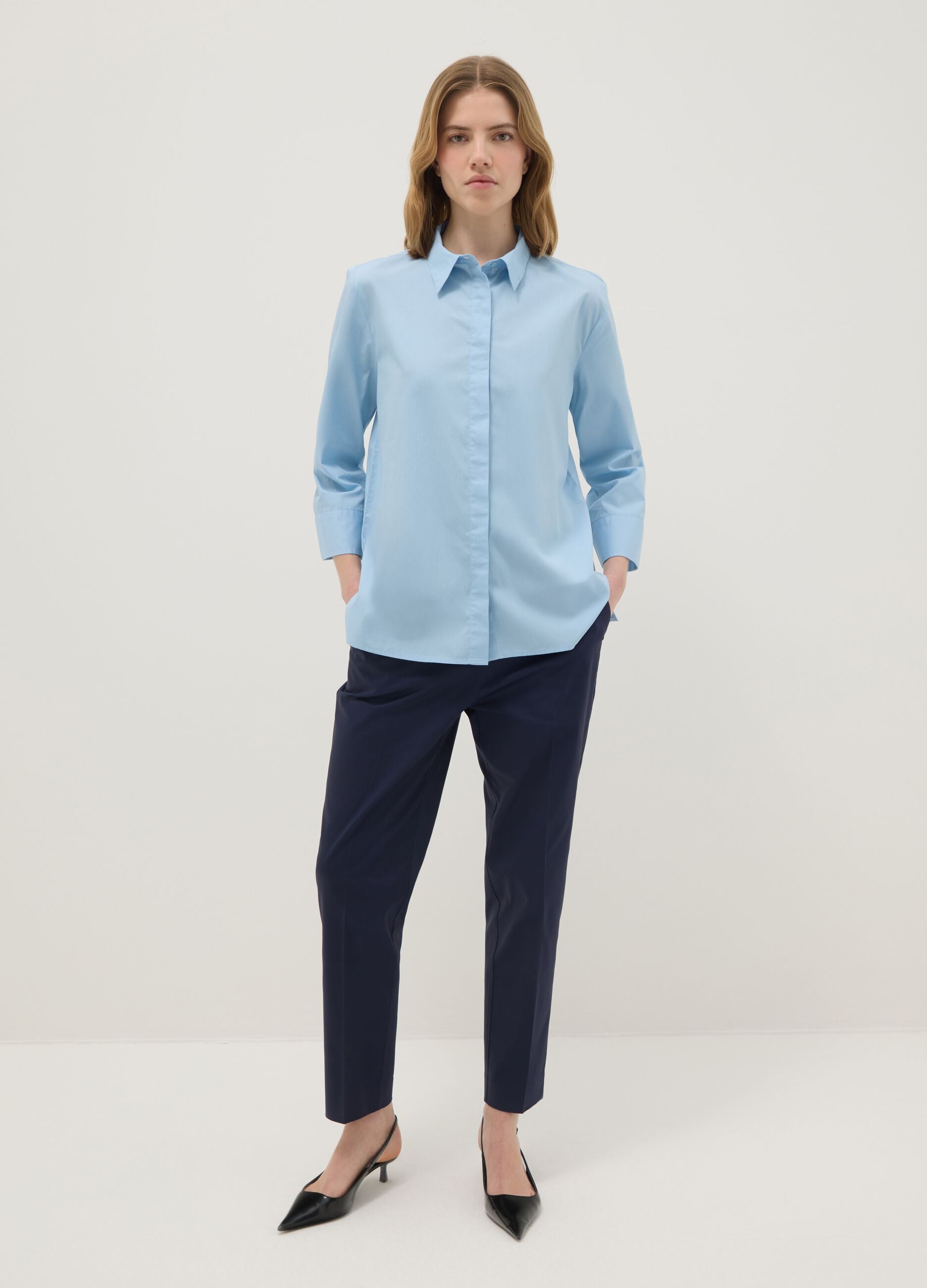 Camicia in puro cotone azzurra regular fit con maniche a tre quarti
