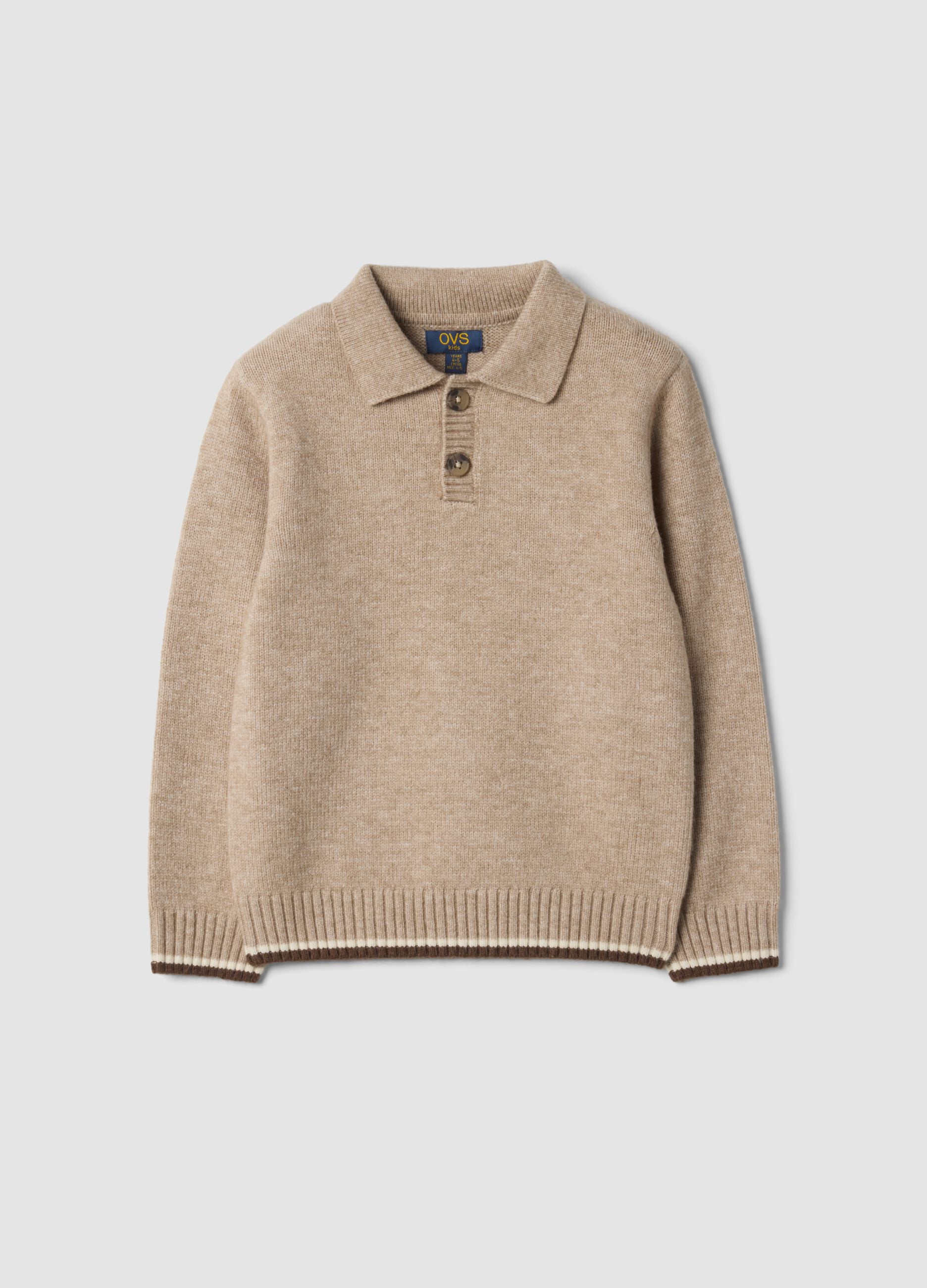 Beige regular-fit polo-collar jumper with ribbed trims