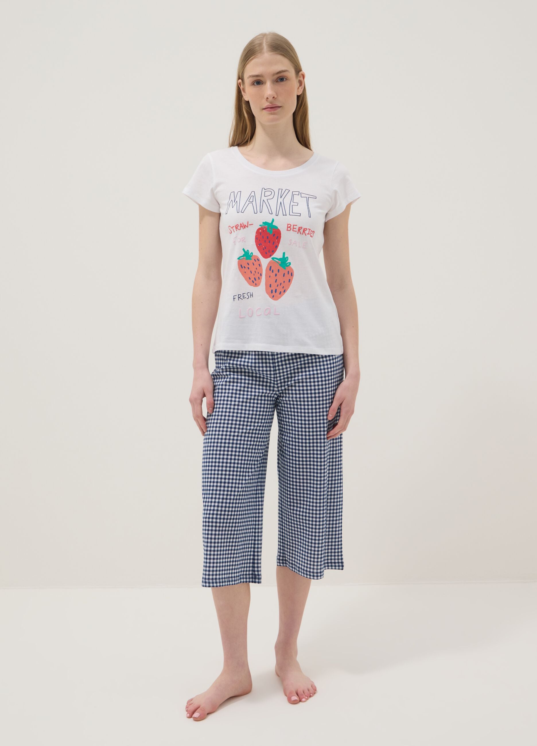 White pure cotton pajama shirt regular fit with strawberries