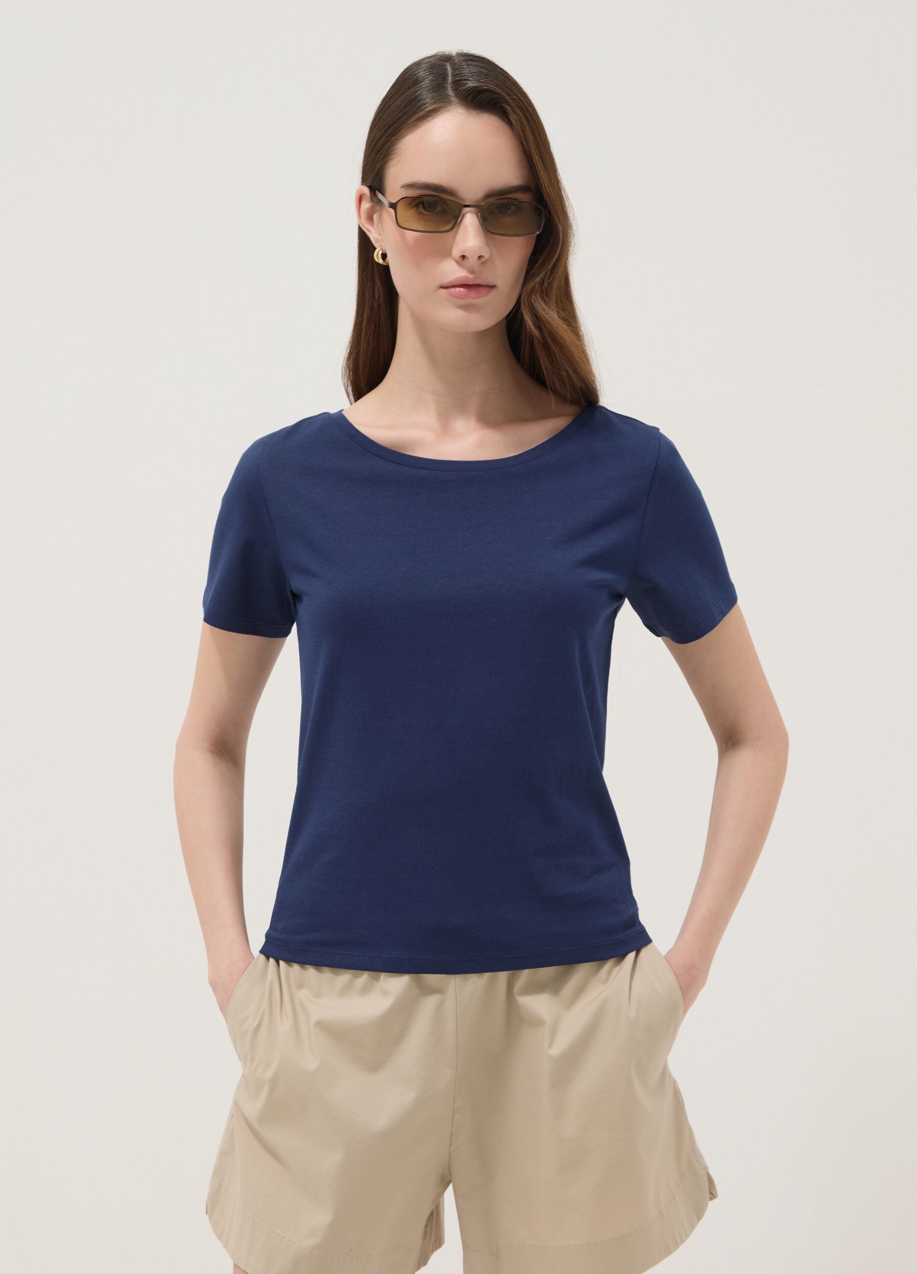 Blue pure cotton short-sleeve T-shirt