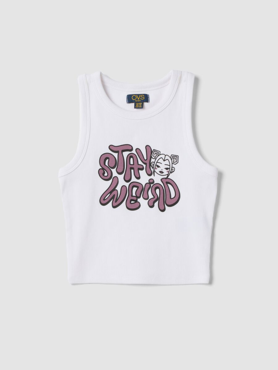 Tank top bianco in cotone elasticizzato con stampa per ragazza fitted_3