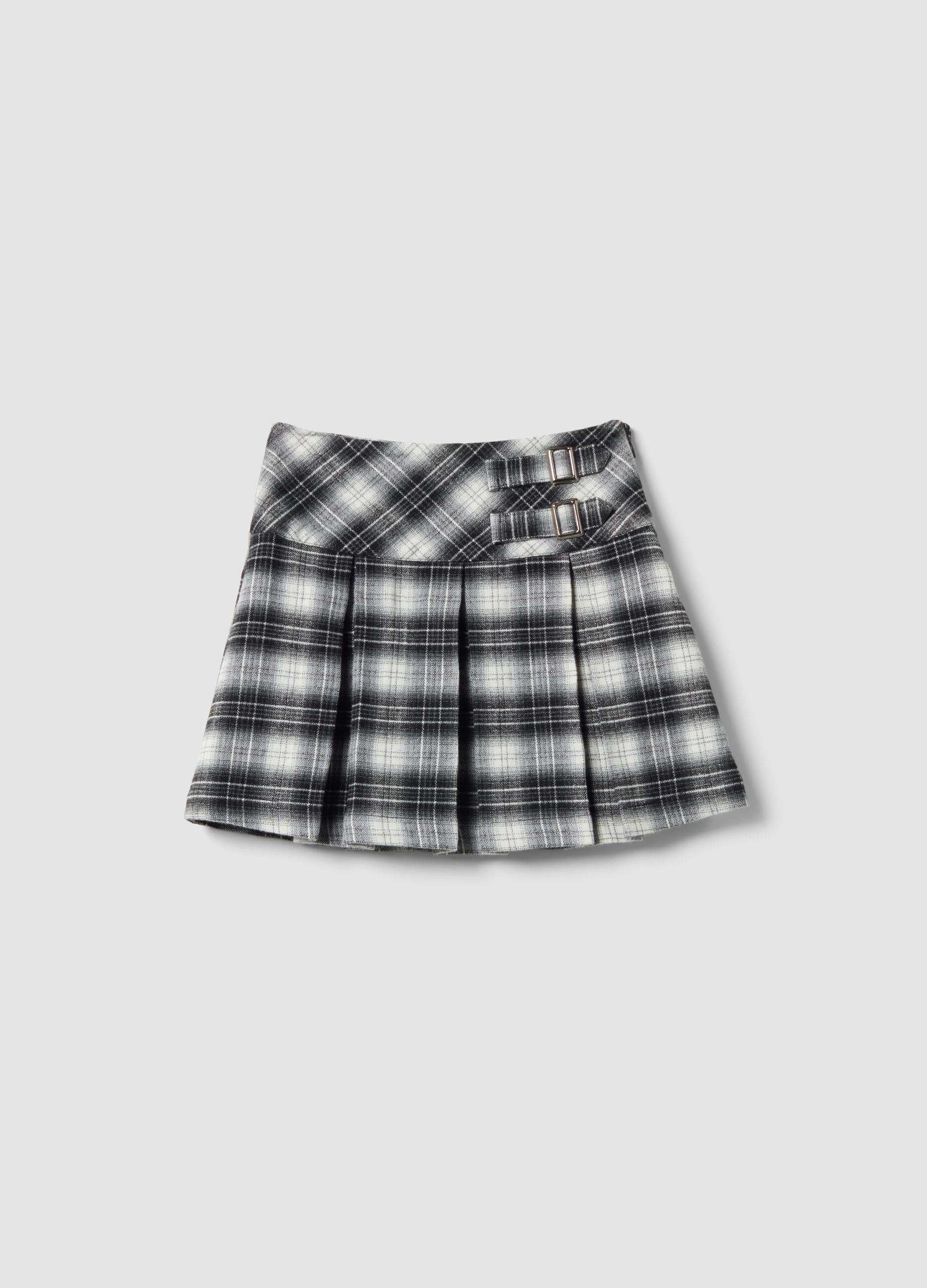 Black checked stretch viscose skirt with double buckle