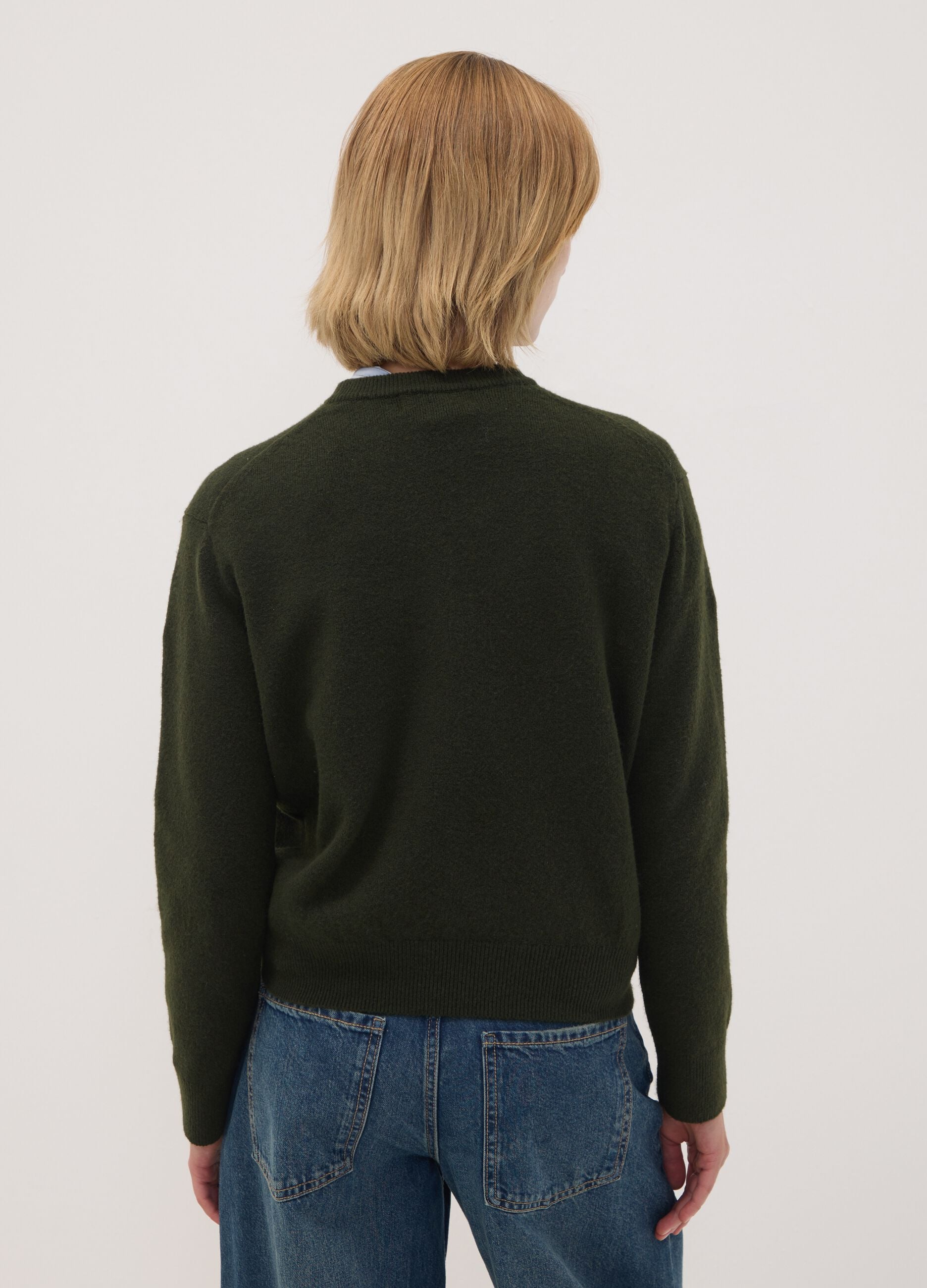 Green stretch wool crew-neck jumper