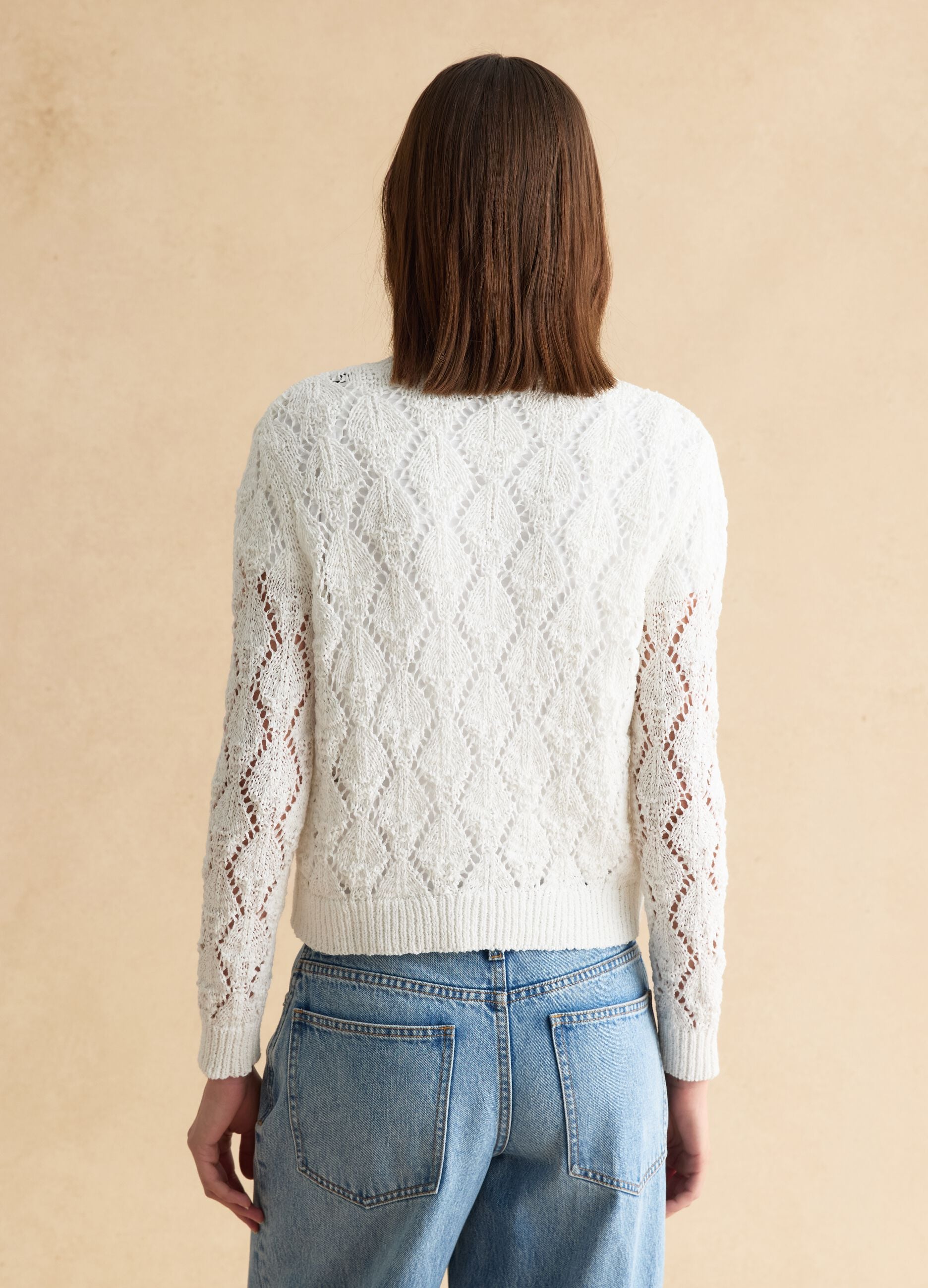 White cotton blend cardigan with regular fit and knitted pattern