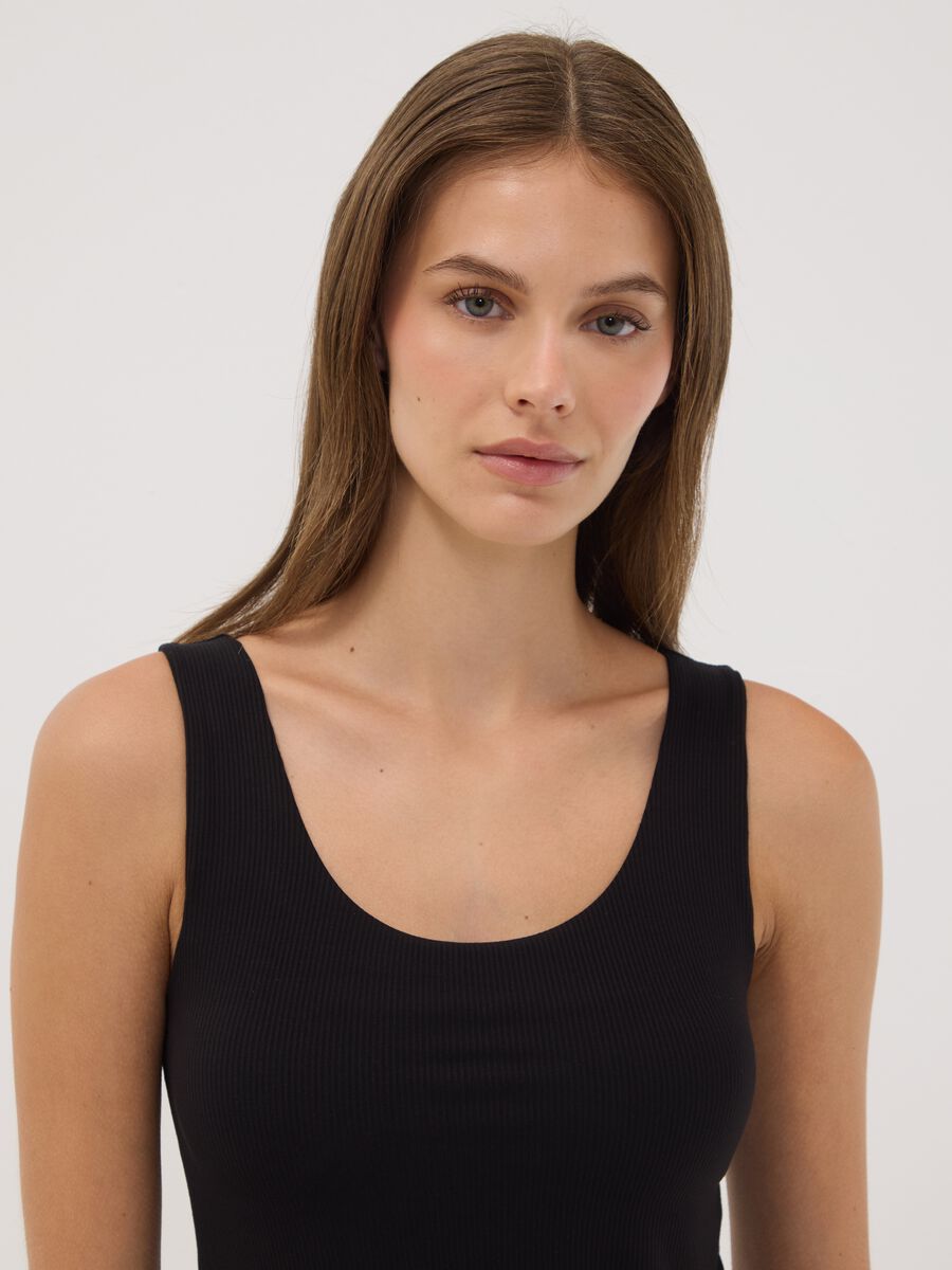 Black stretch viscose crew-neck vest top_1