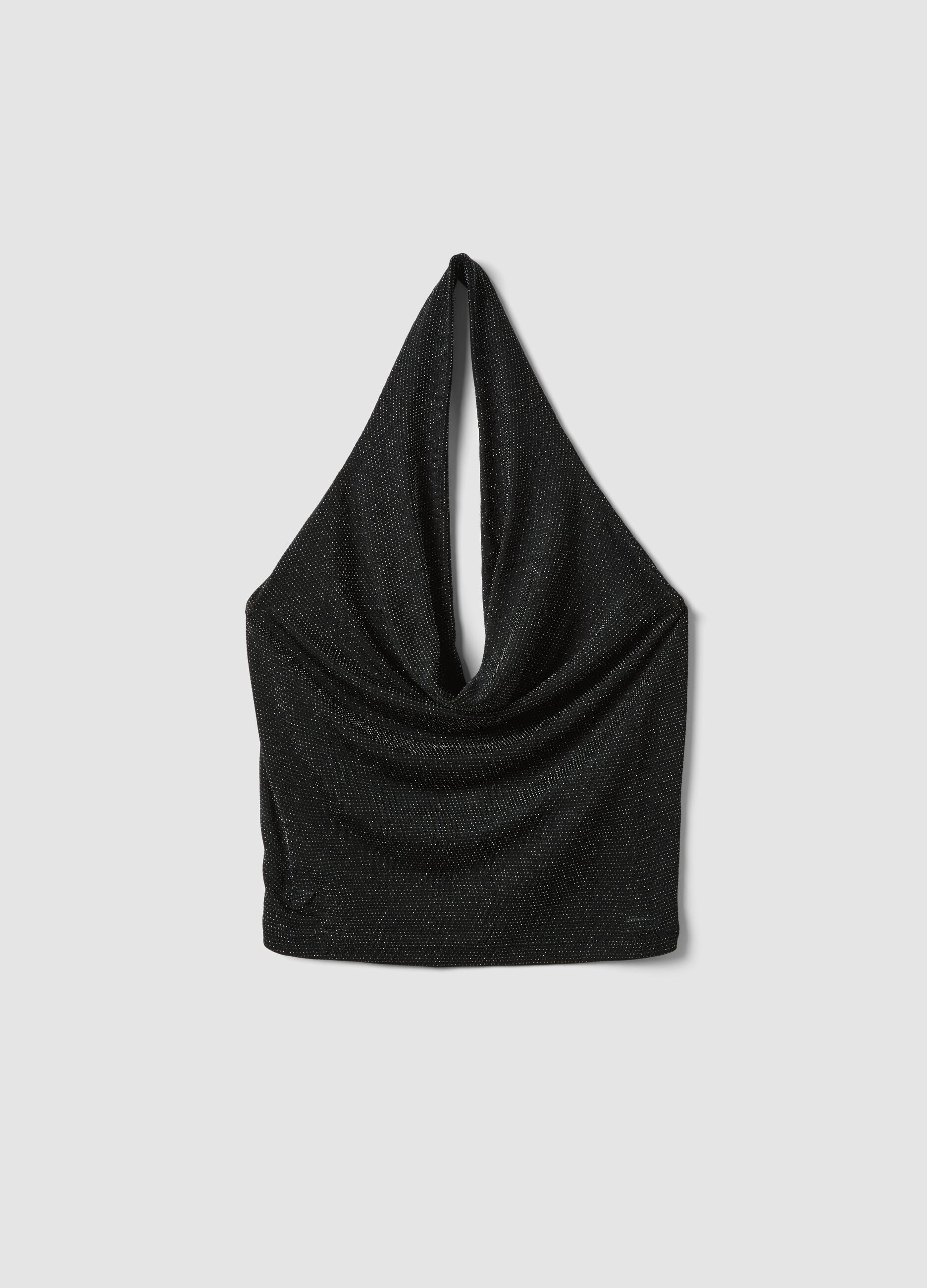 Black halterneck top in stretch fabric, regular fit