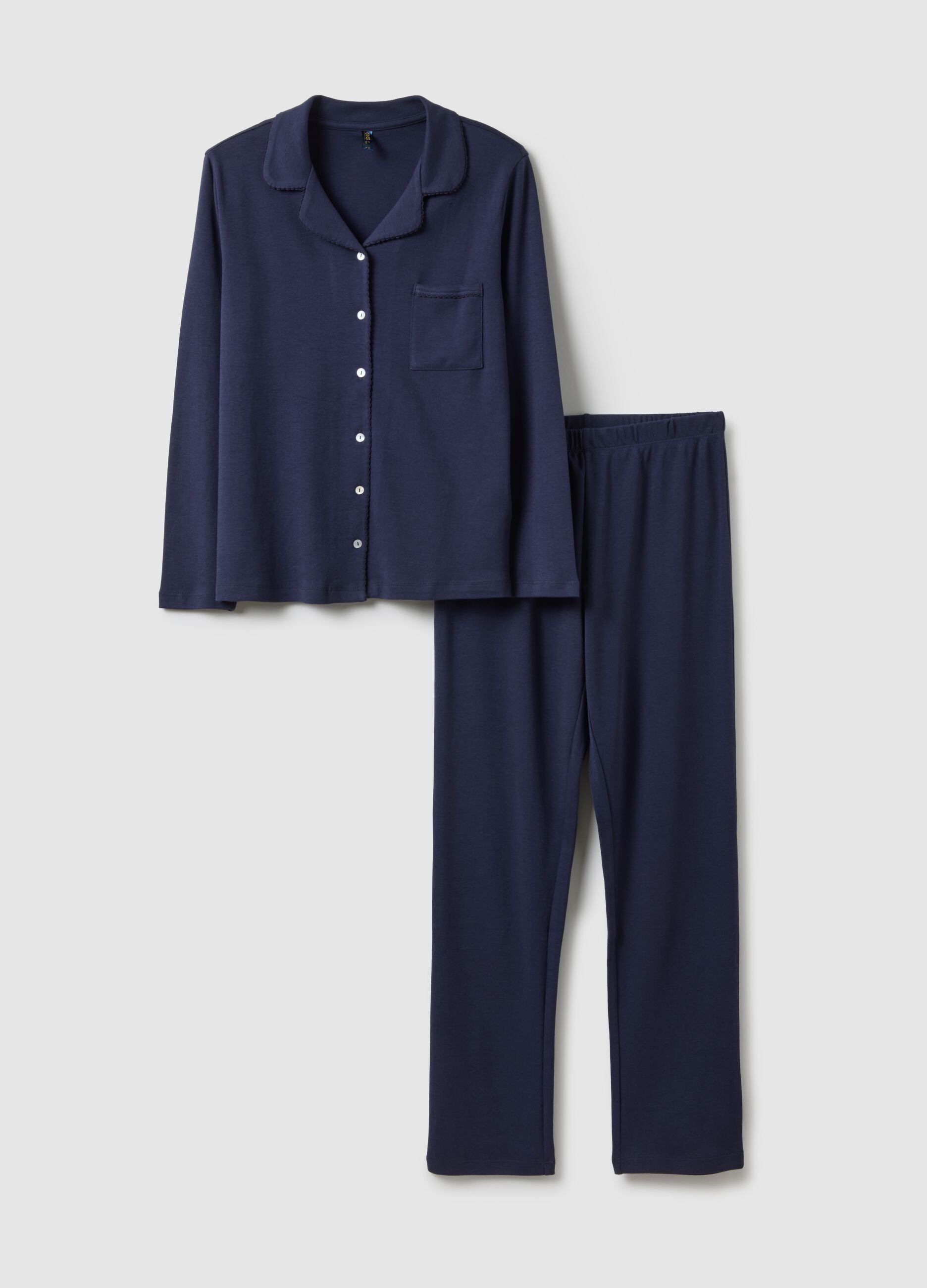 Blue pure cotton regular fit pyjamas with chest pocket and V-neck