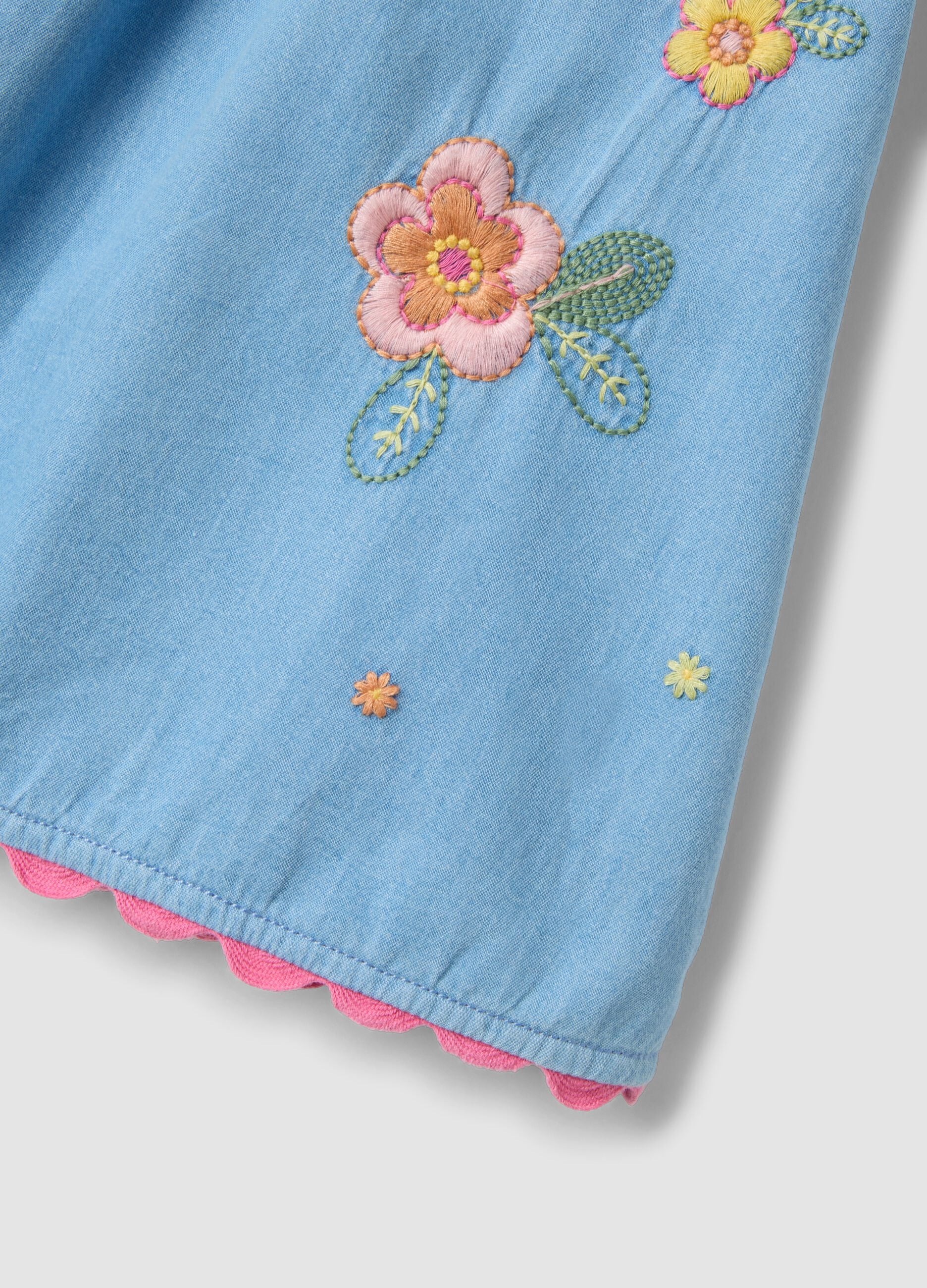 Sky-blue pure cotton dress with floral embroidery