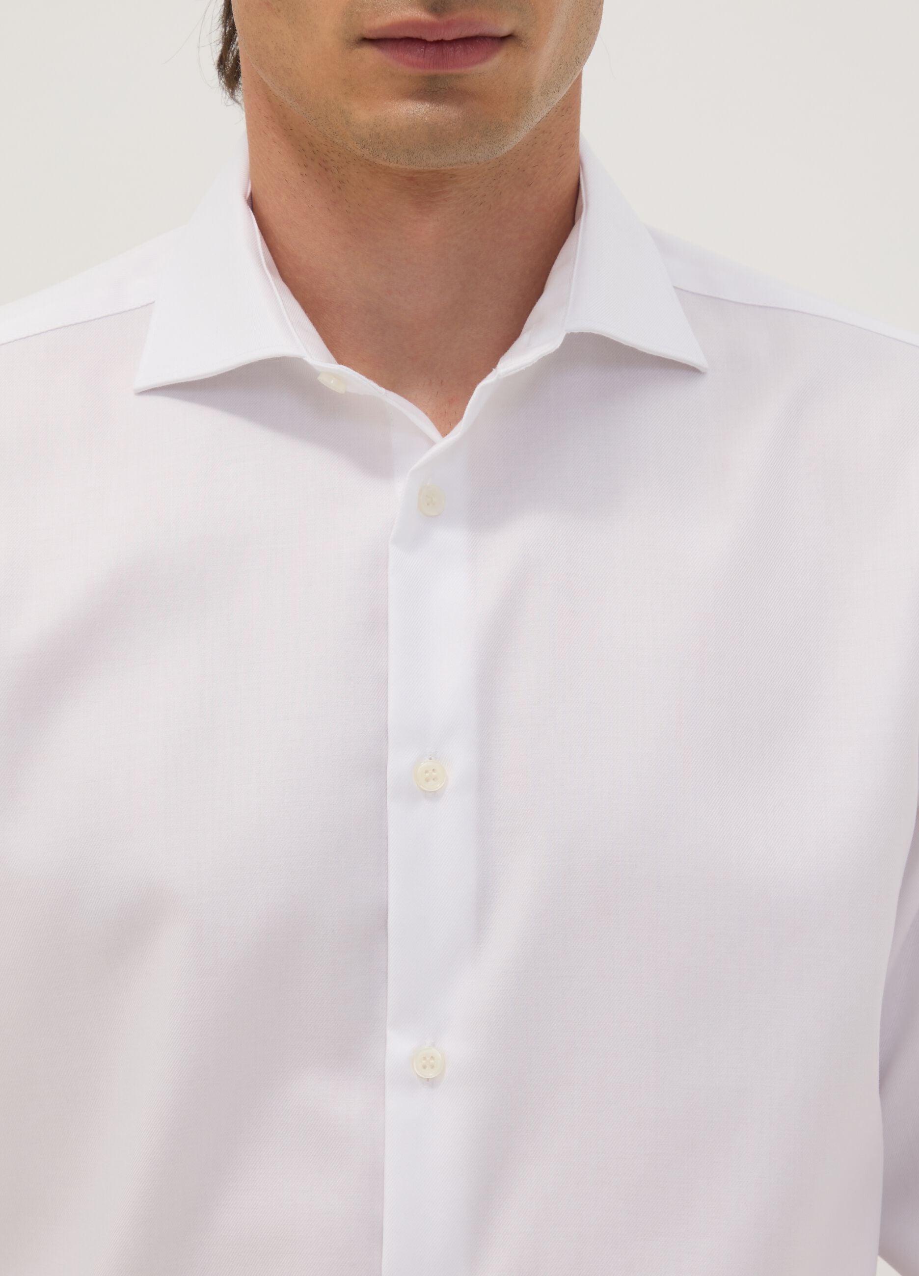 White slim-fit pure cotton twill shirt with French collar, non-iron
