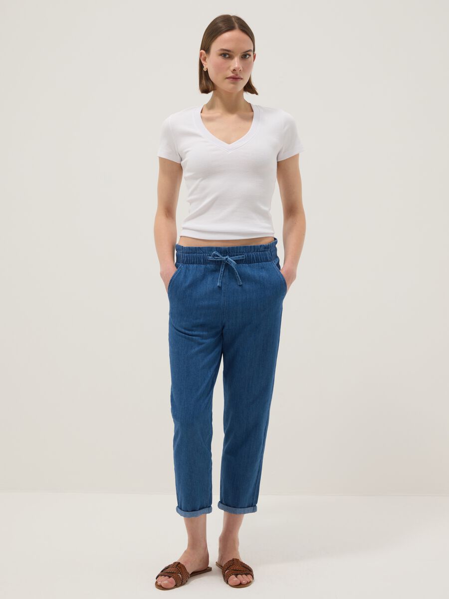 Paper bag trousers in pure blue denim cotton regular fit_0