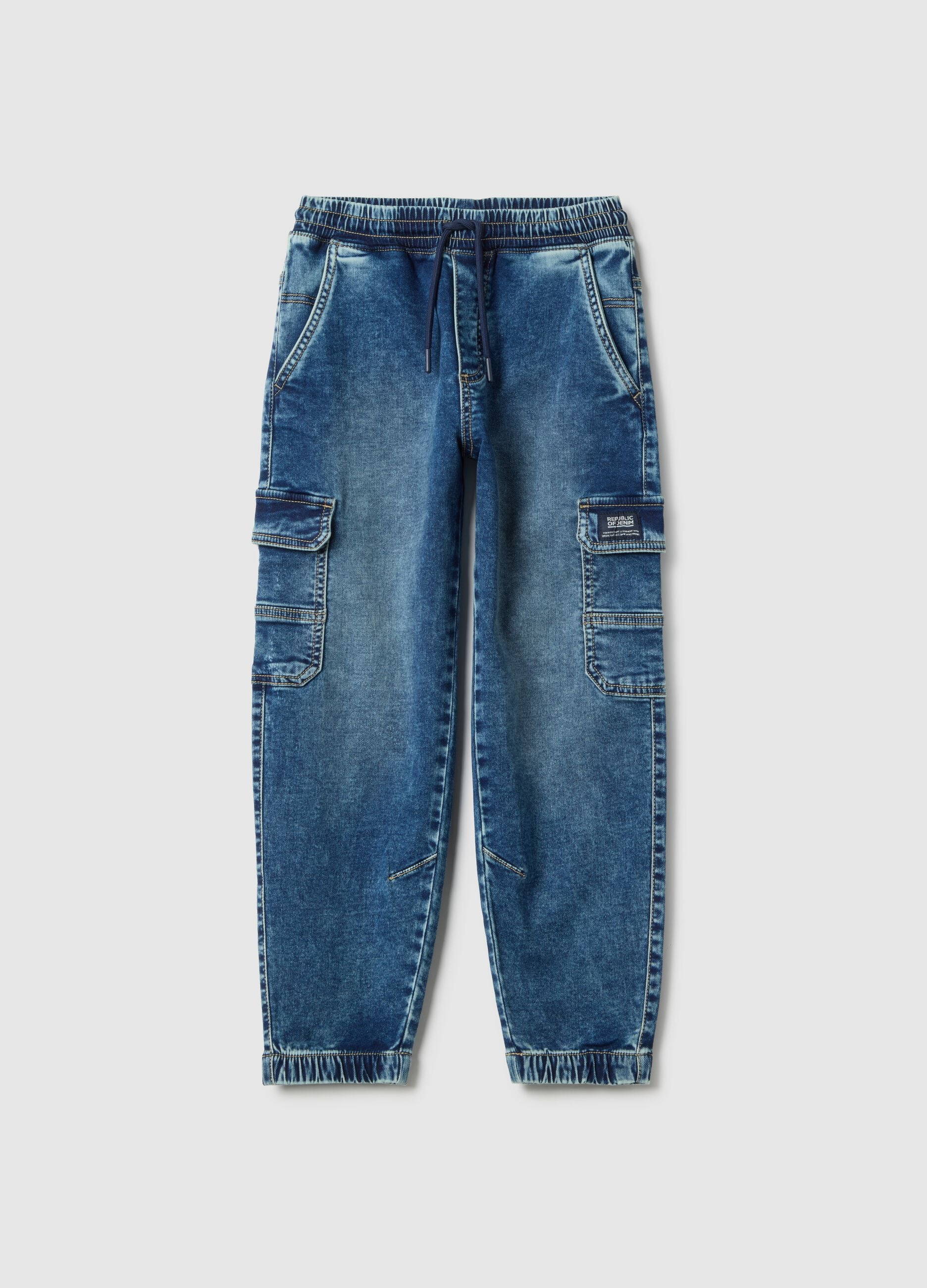 Children's blue cotton-blend cargo jeans regular fit with elastic waist