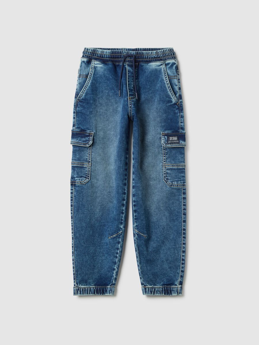 Children's blue cotton-blend cargo jeans regular fit with elastic waist_0