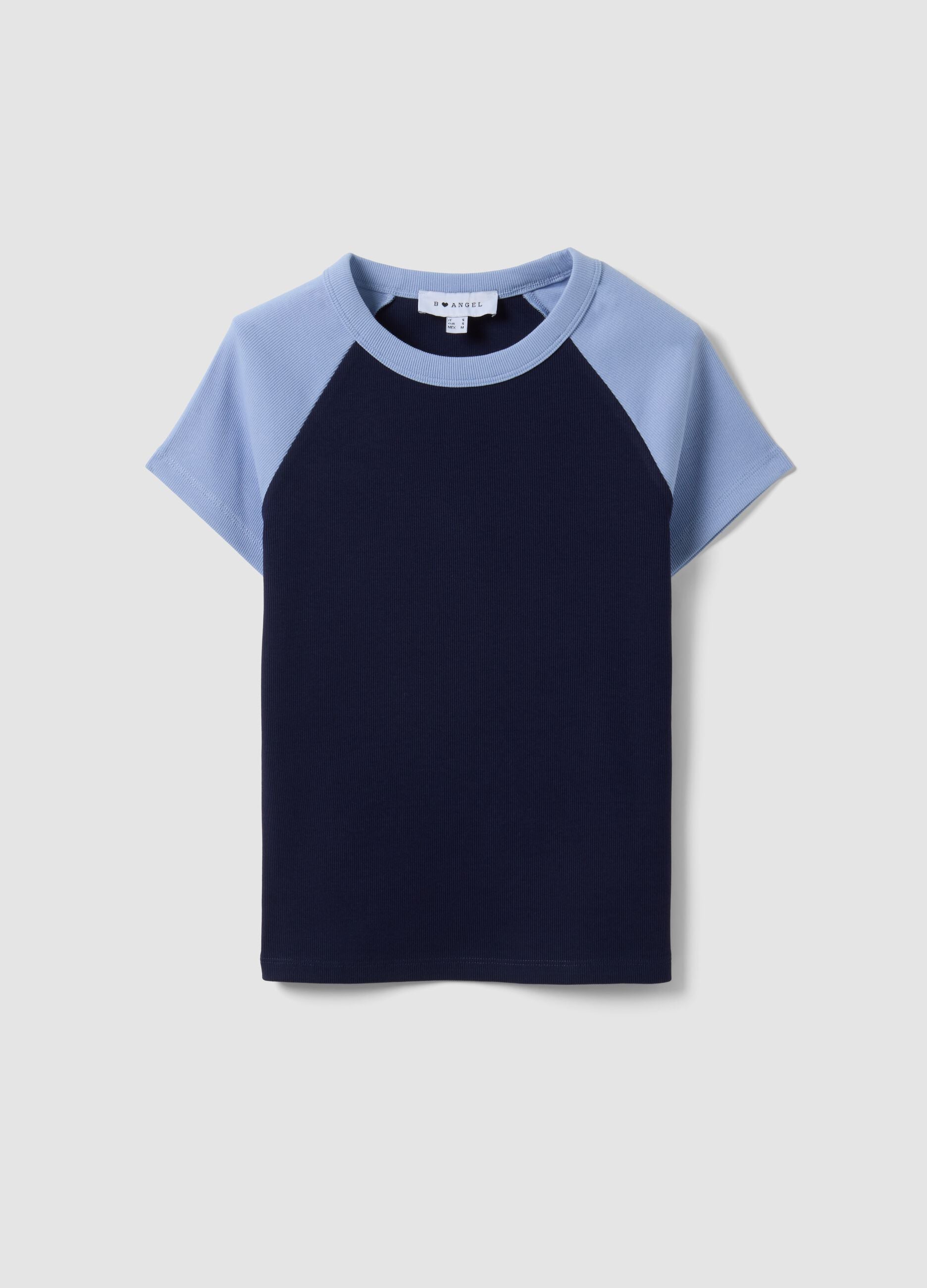Blue stretch cotton crew-neck T-shirt with contrast sleeves