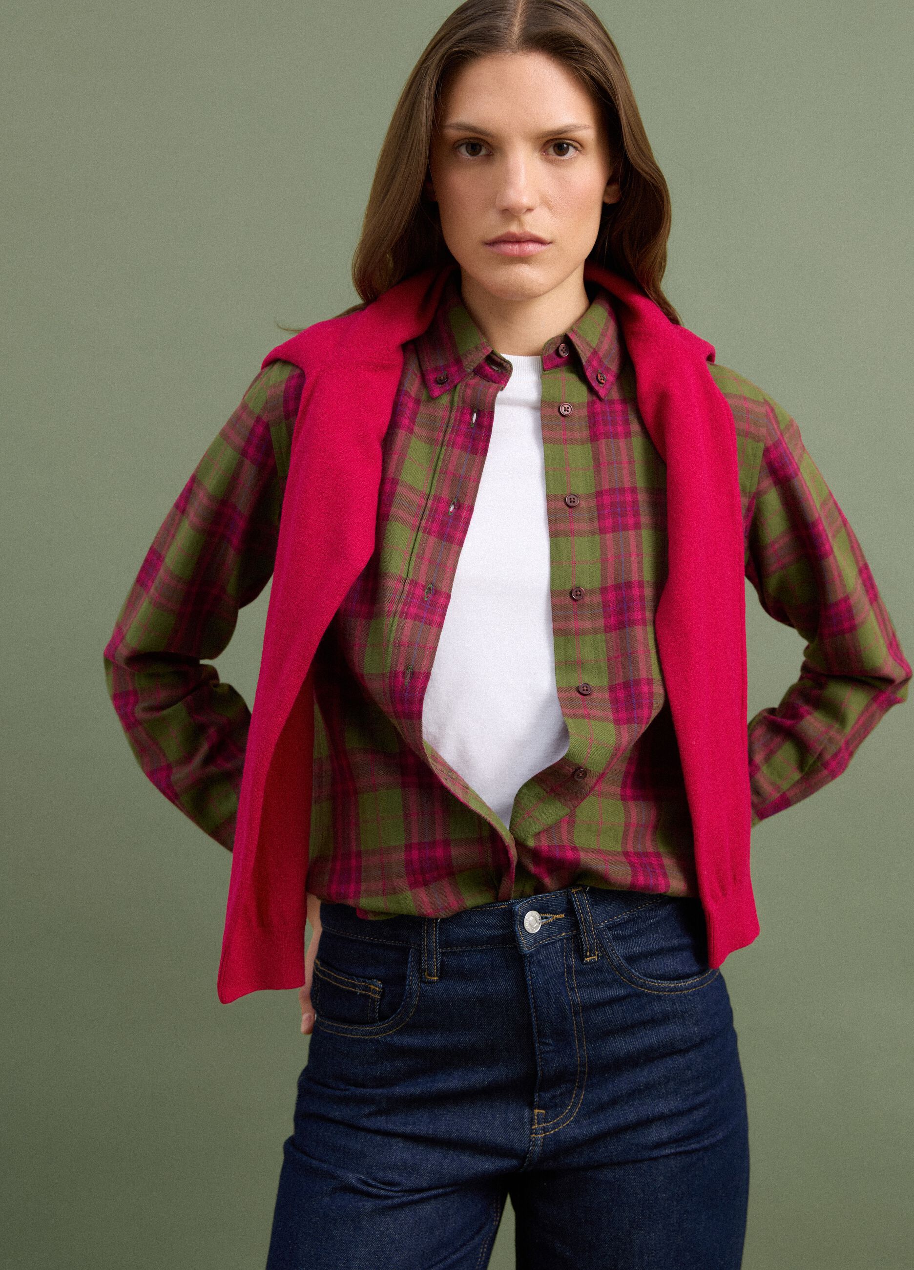 Green checked pure cotton flannel shirt, regular fit