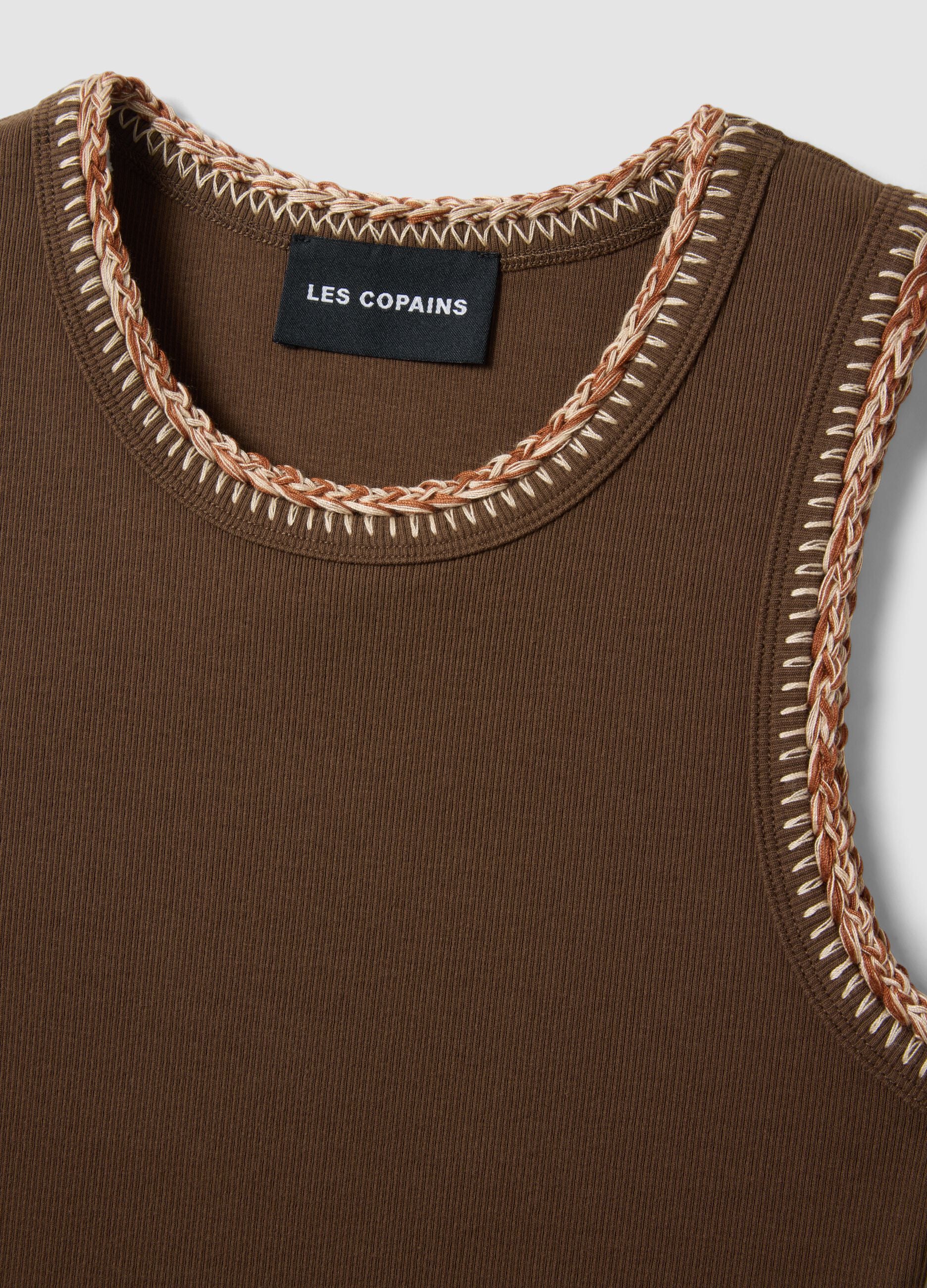 Brown Stretch Cotton Tank Top with Regular Fit and Embroidered Edges