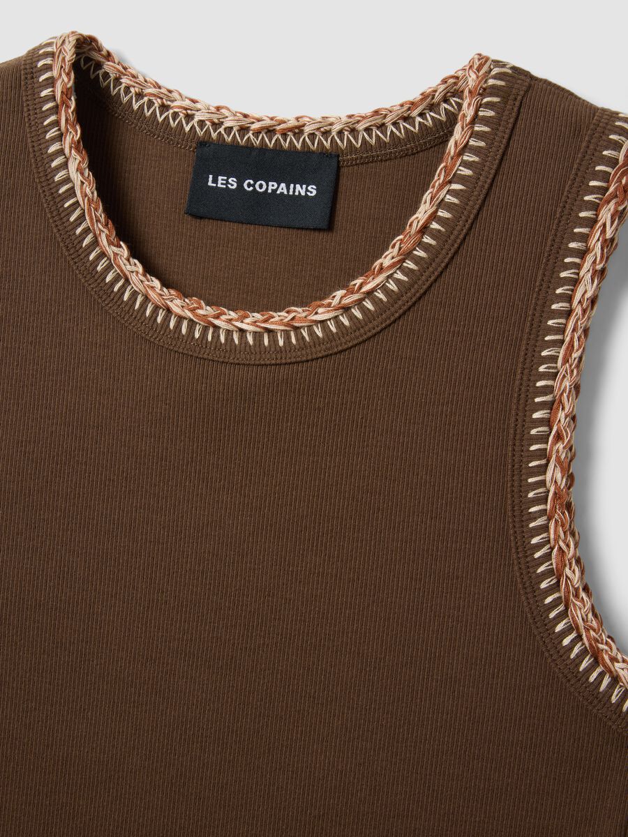 Brown Stretch Cotton Tank Top with Regular Fit and Embroidered Edges_5