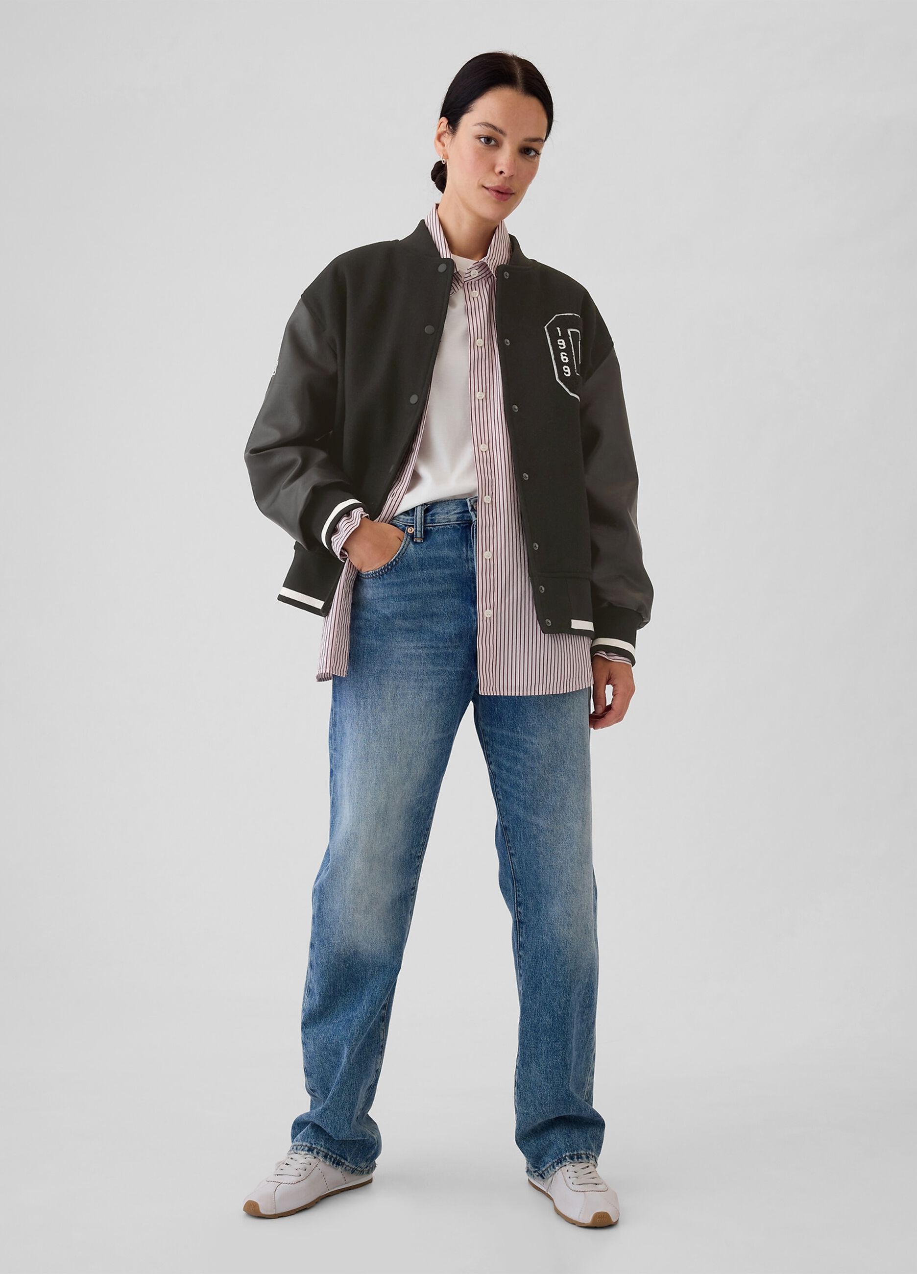 Varsity bomber jacket with glossy-effect sleeves