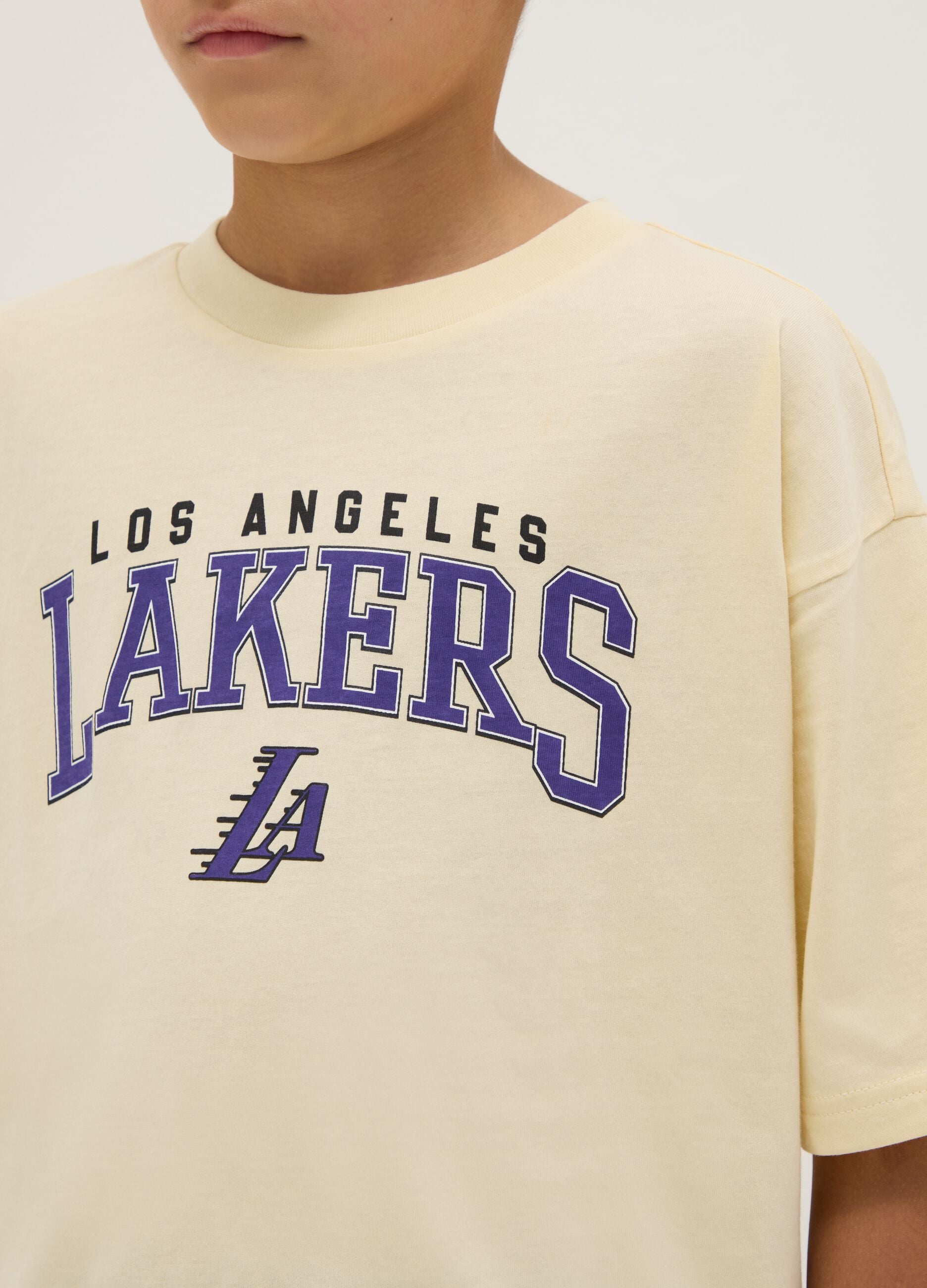 Kids' beige pure cotton T-shirt regular fit with Lakers logo