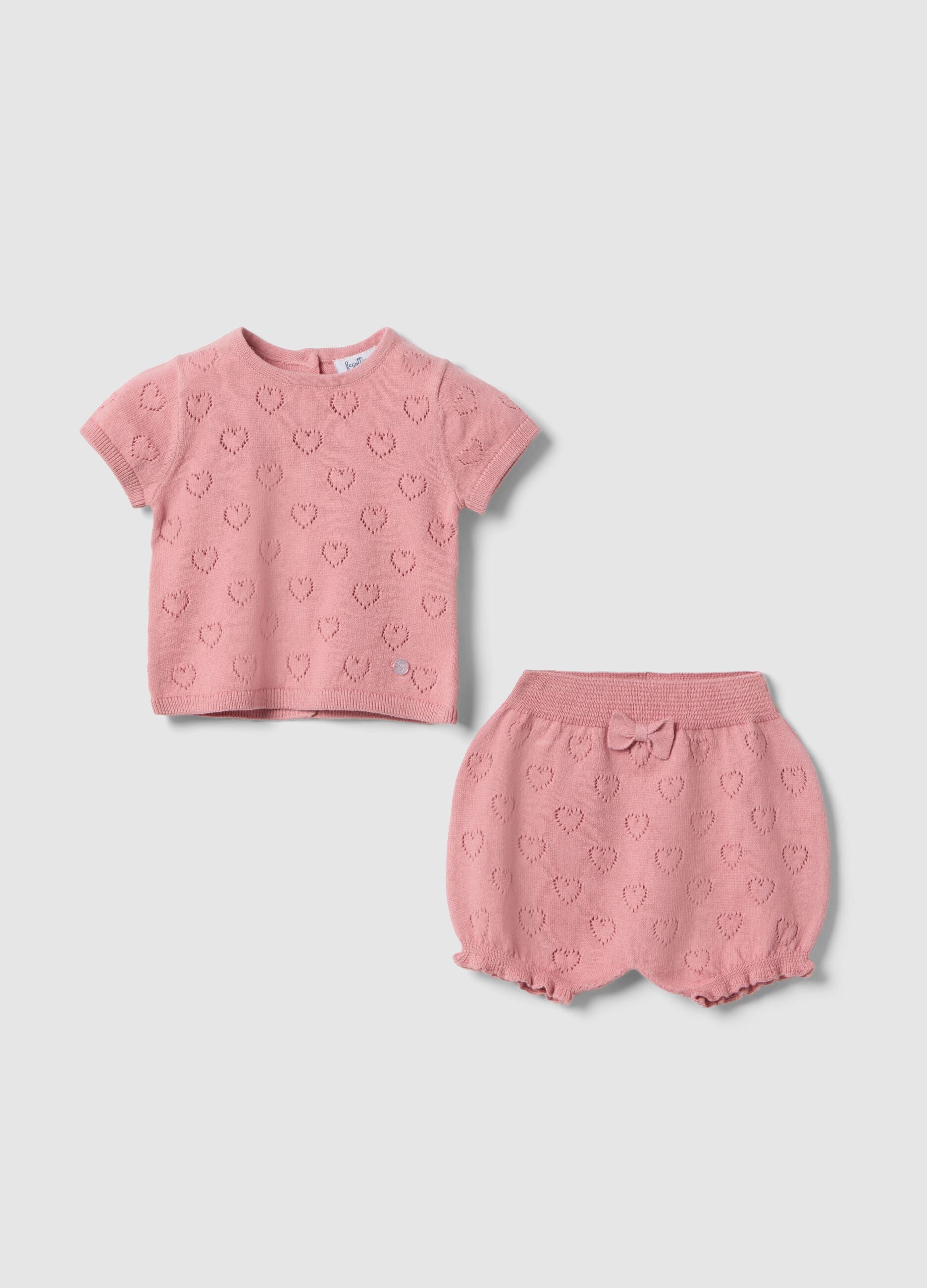 Pink baby girl's pure cotton t-shirt and shorts set with hearts