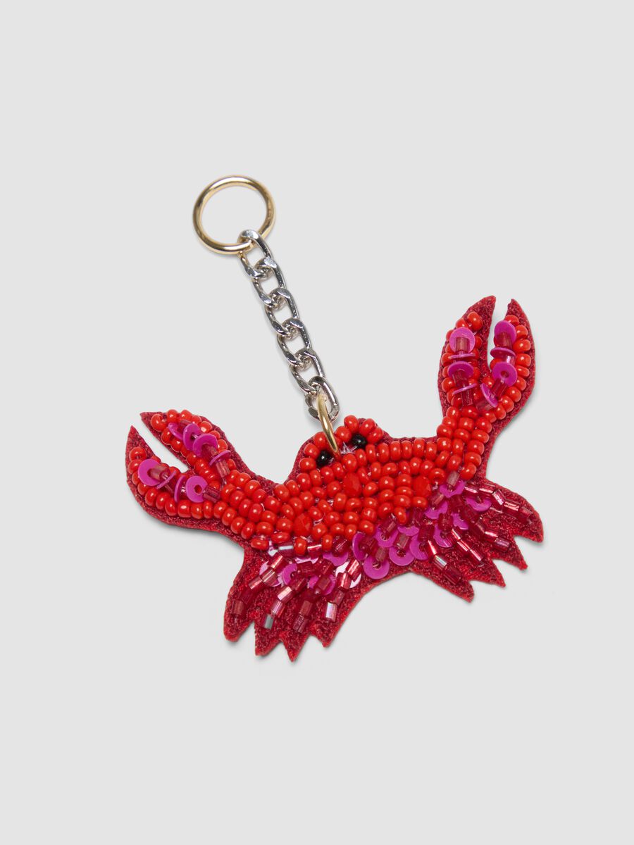 Portachiavi rosso con granchio decorativo e perline_1