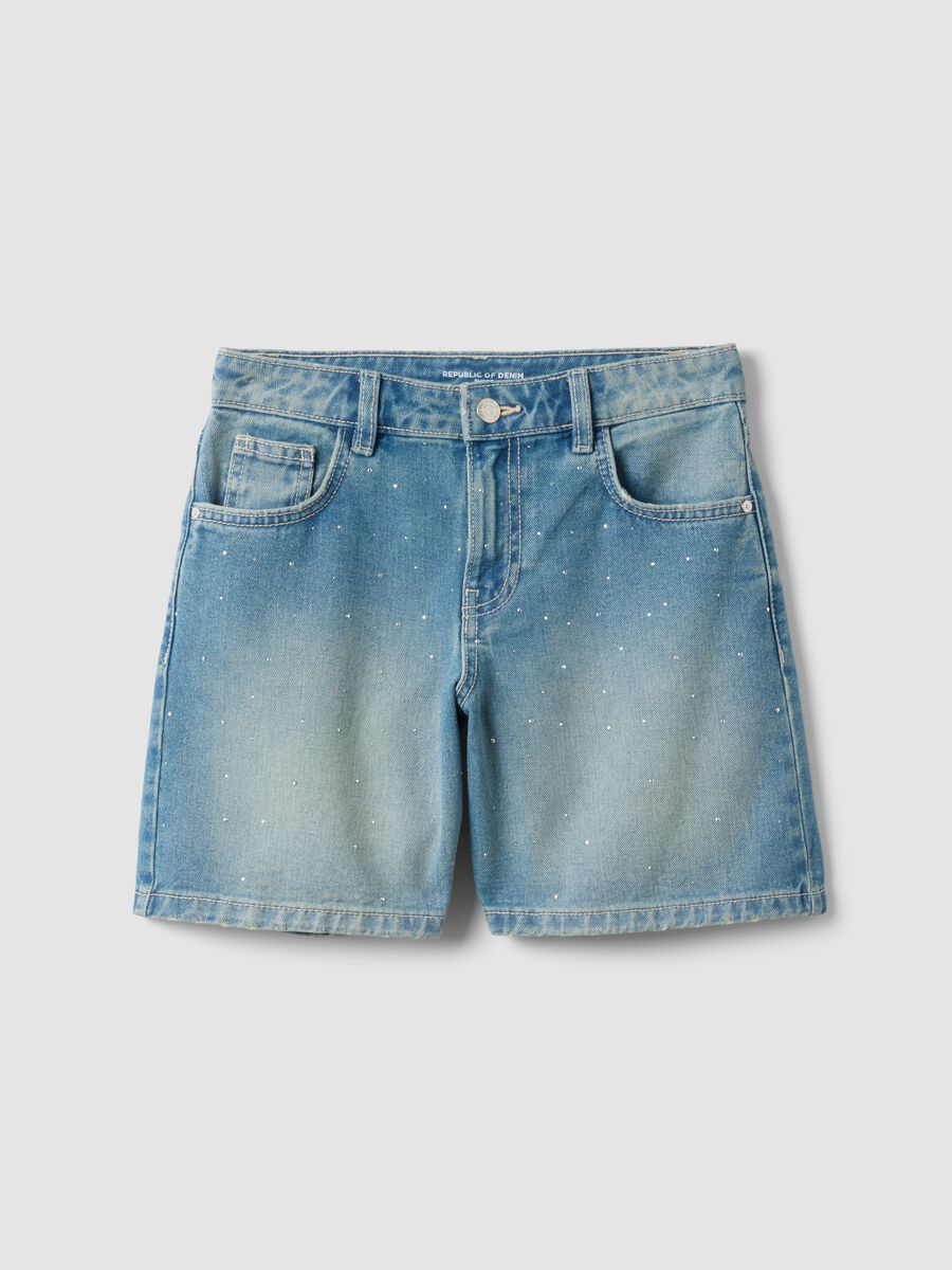 Blue pure-cotton denim shorts for girls, regular fit with polka-dot detail_3