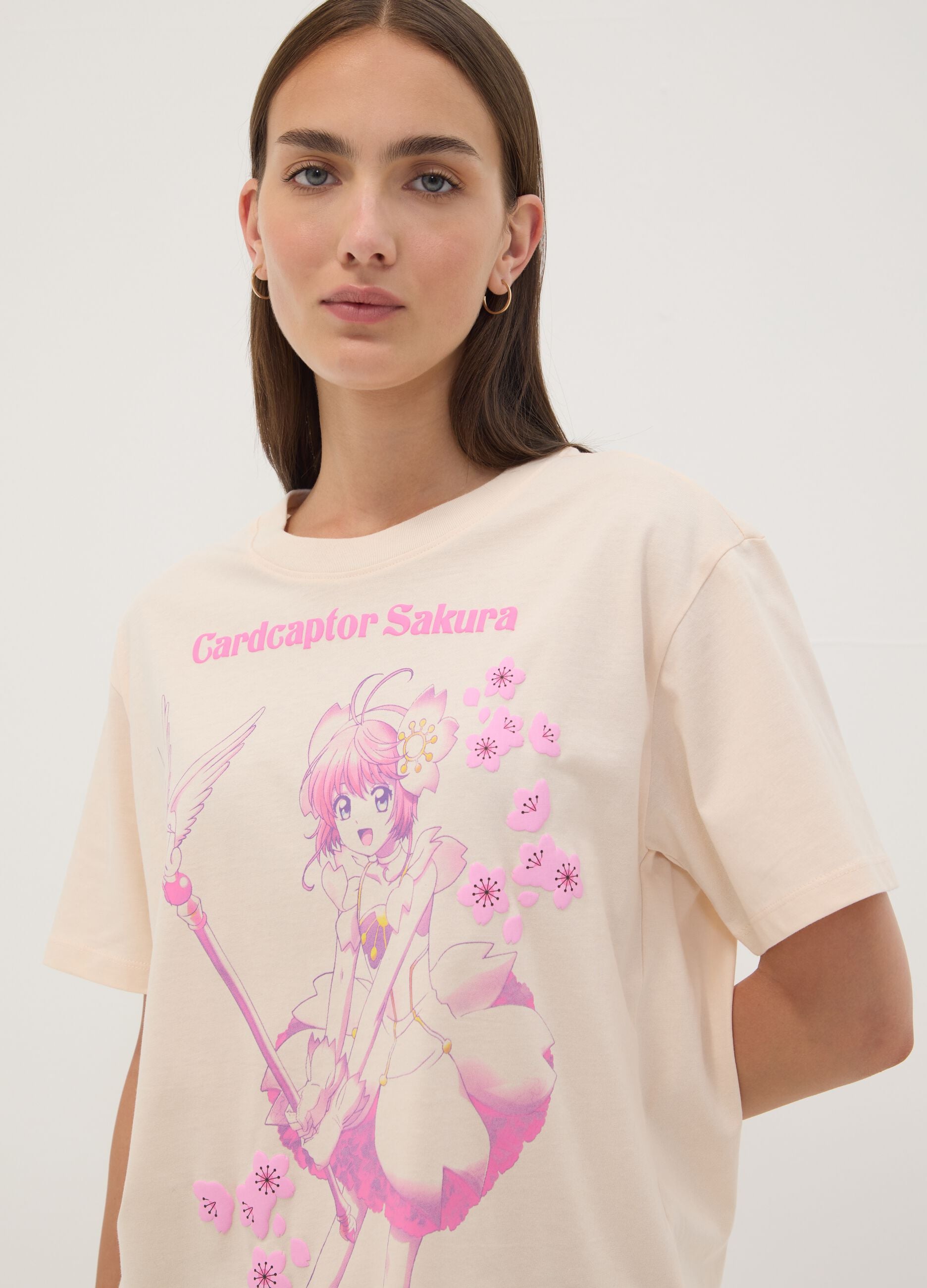 Pink pure cotton T-shirt with Sakura front print, regular fit