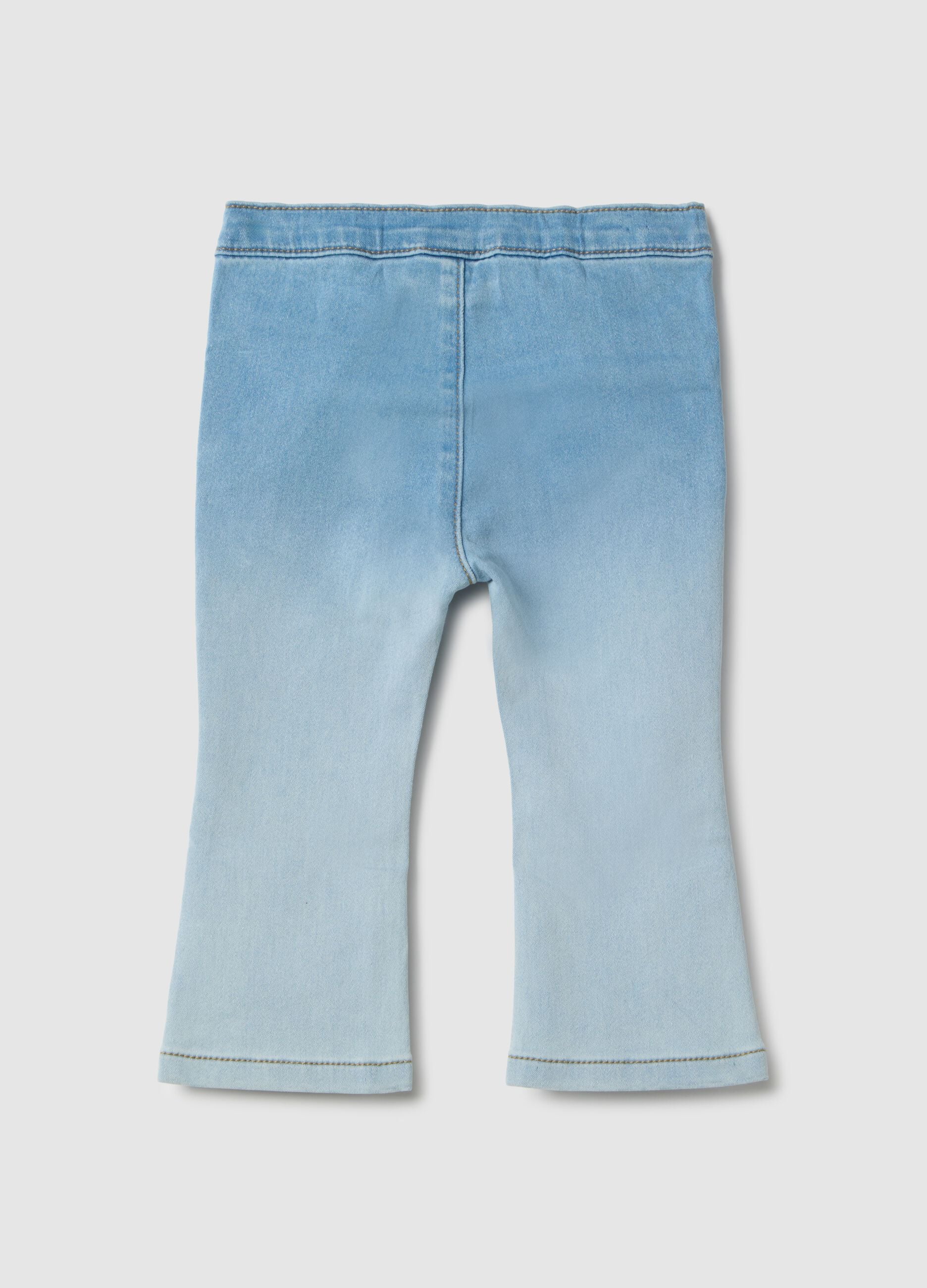 Blue cotton blend flare jeggings for girls with embroidery